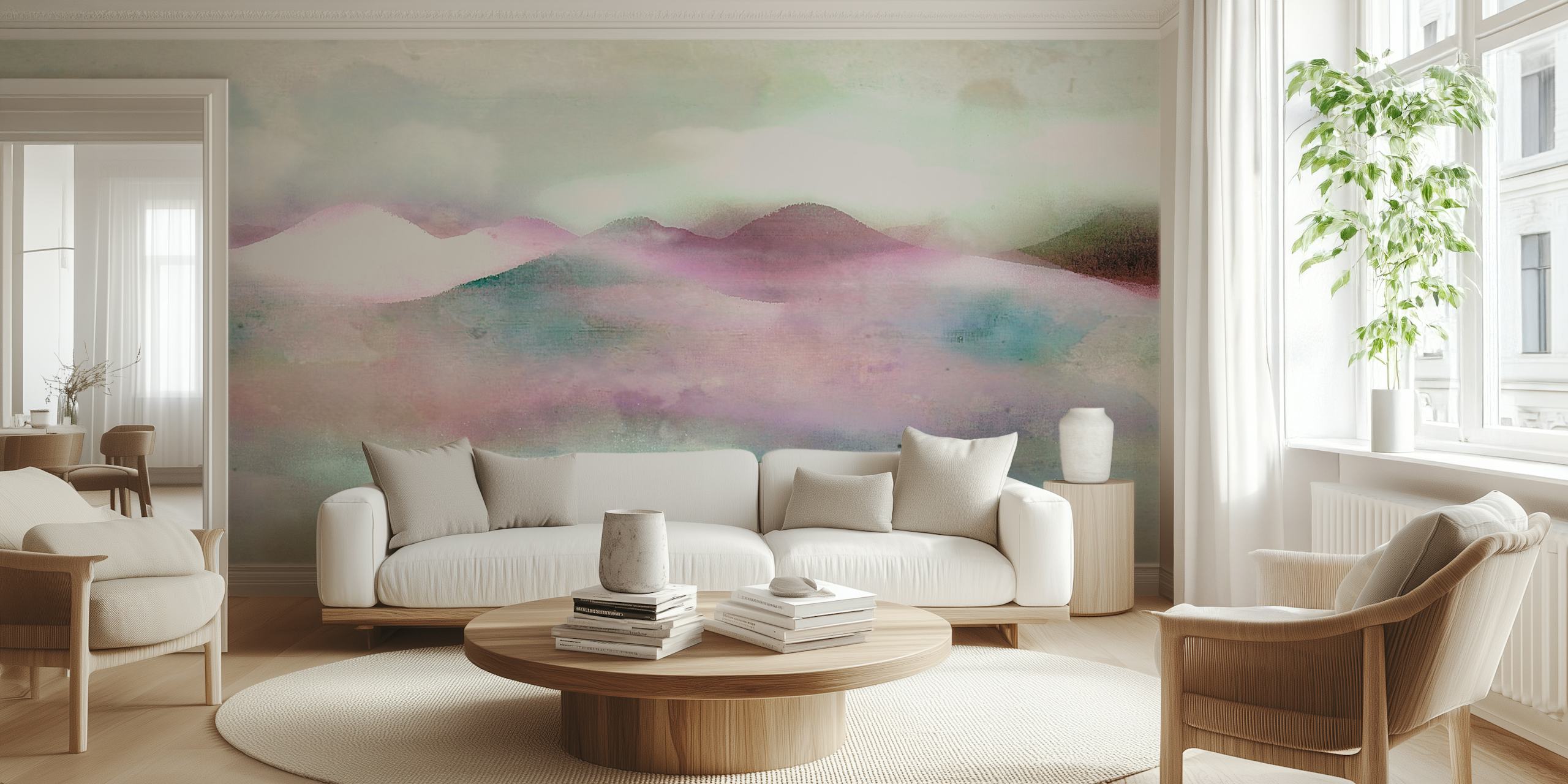 Soft pastel colored mountain landscape wallpaper, abstract design