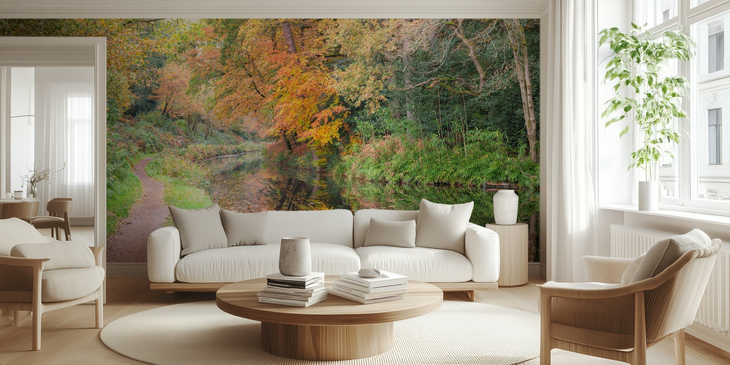 Autumn landscape with path and colorful trees reflecting in water wallpaper