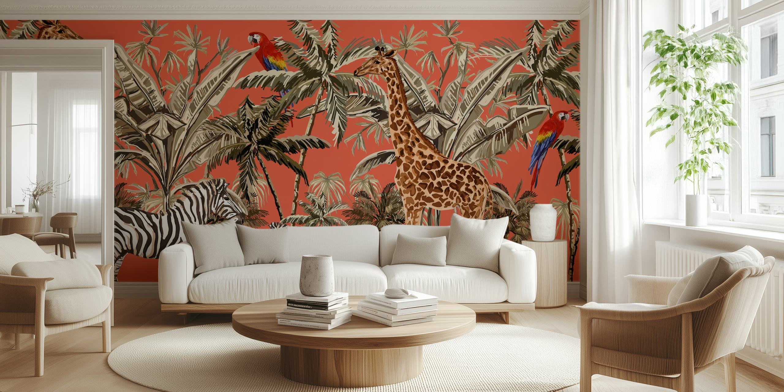 Safari-inspireret vægmaleri med zebraer, giraffer og fugle på en orange baggrund