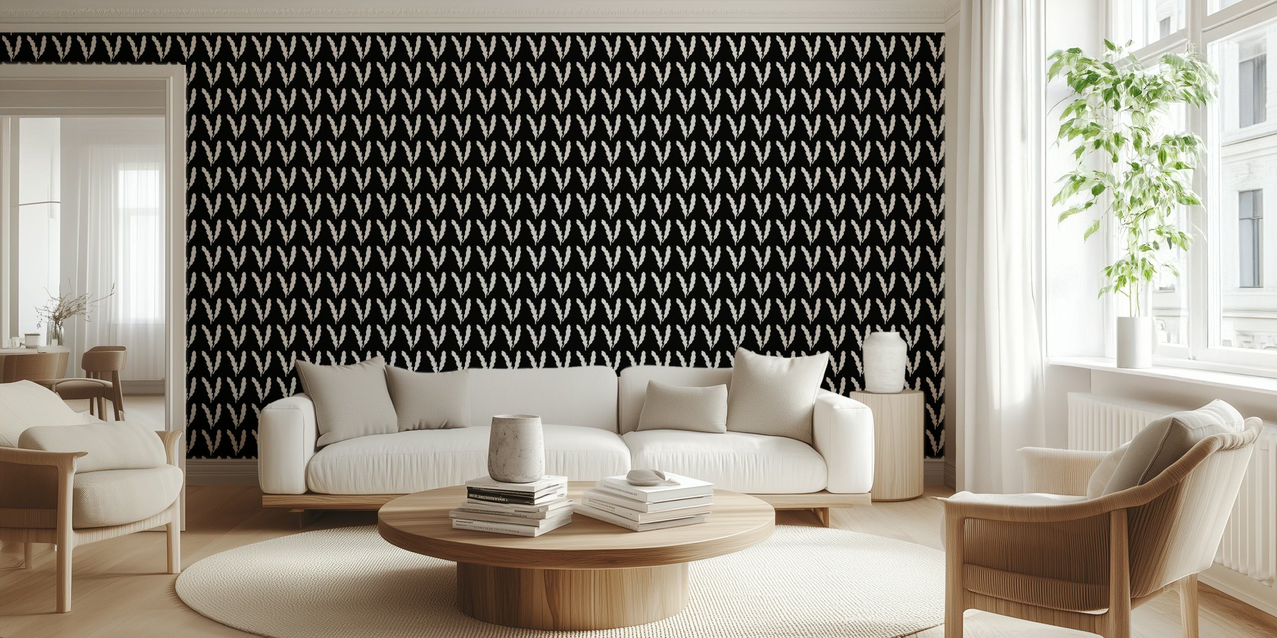 White leaf pattern on black background wallpaper