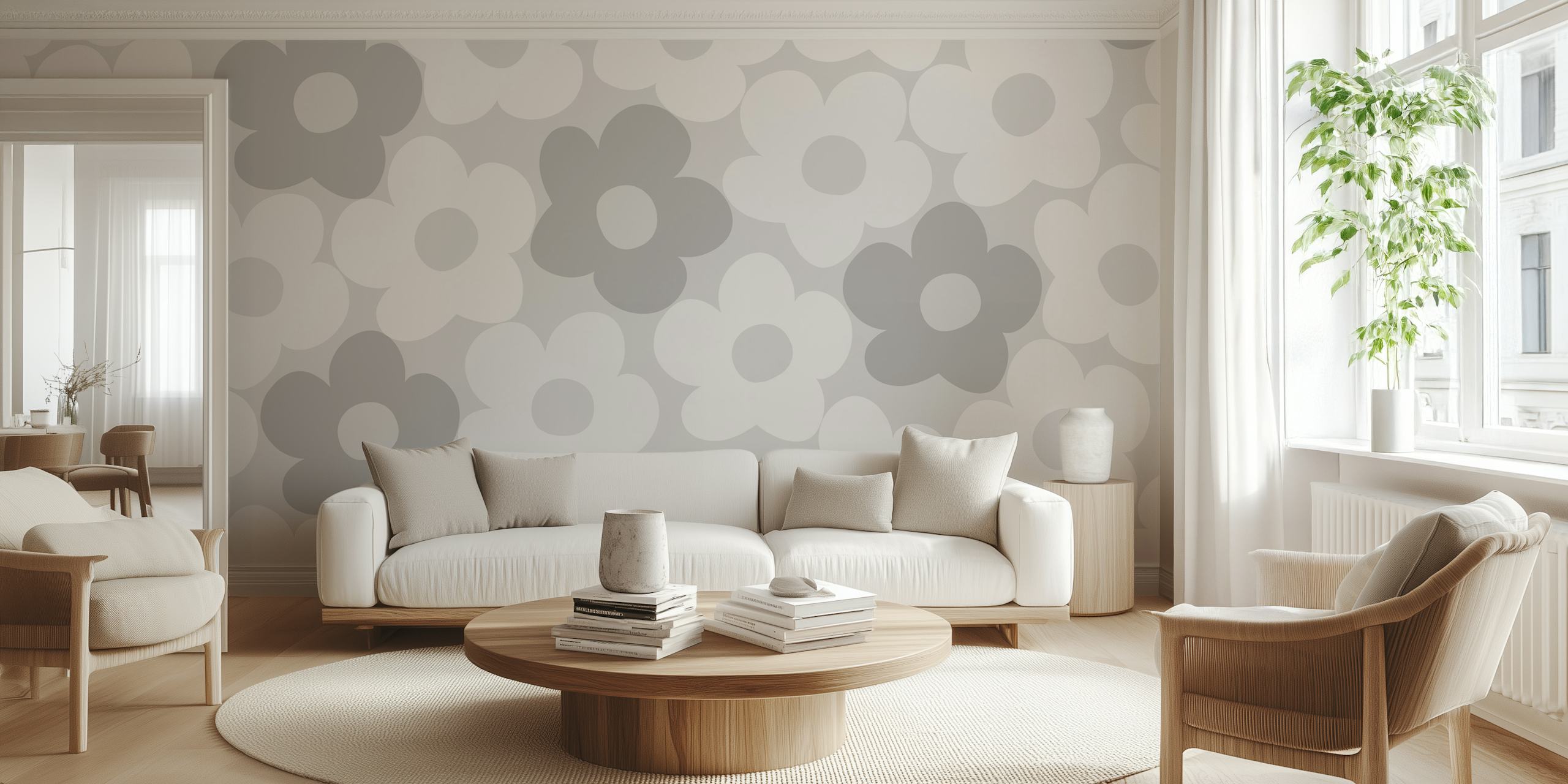 Monochromatyczna fototapeta w stylu retro w stokrotki do klasycznego wnętrza domu