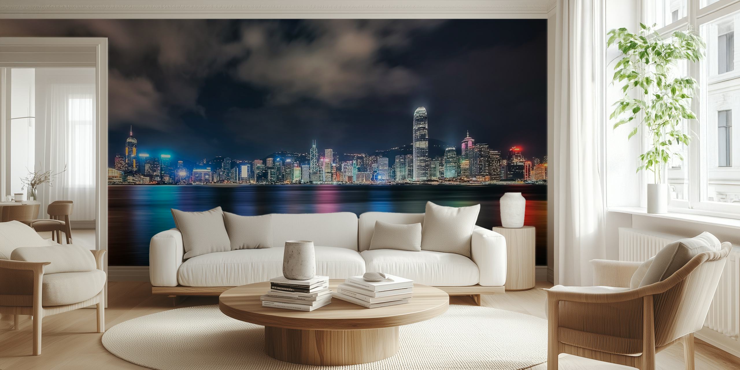 Fondo de pantalla de la línea del horizonte de Hong Kong en una habitación