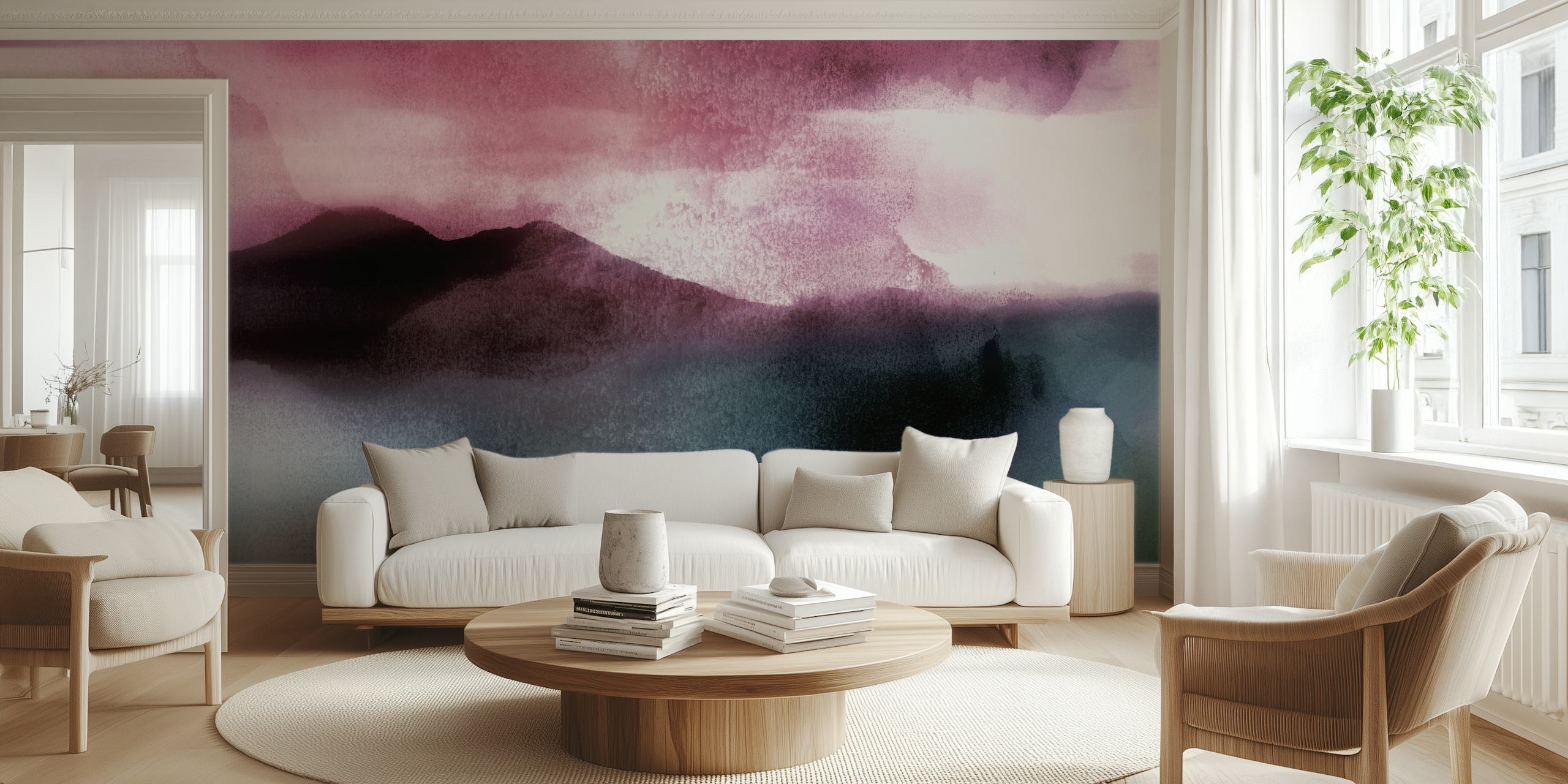 Tapeta japonská krajina Muted Magenta v pokoji