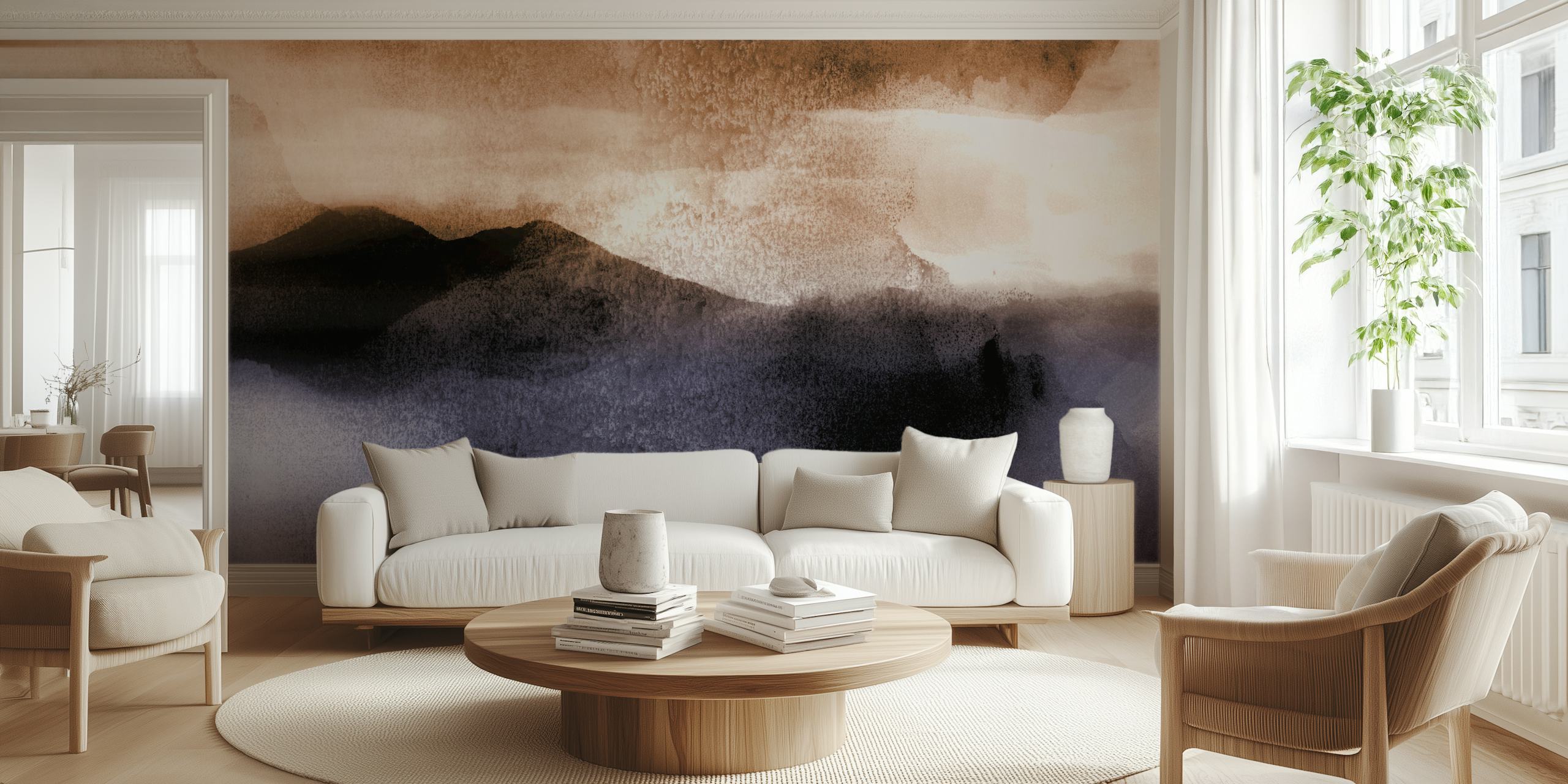 Neutralni pejzažni zidni mural u japanskom stilu s mirnom mješavinom smeđih i sivih nijansi