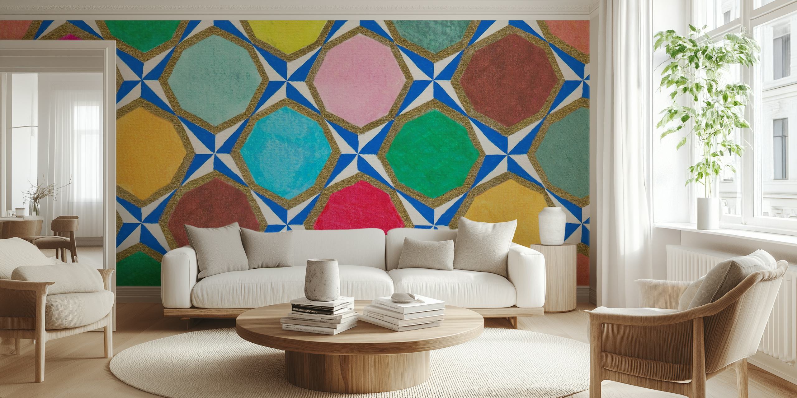 Colorful geometric hexagon pattern wallpaper.