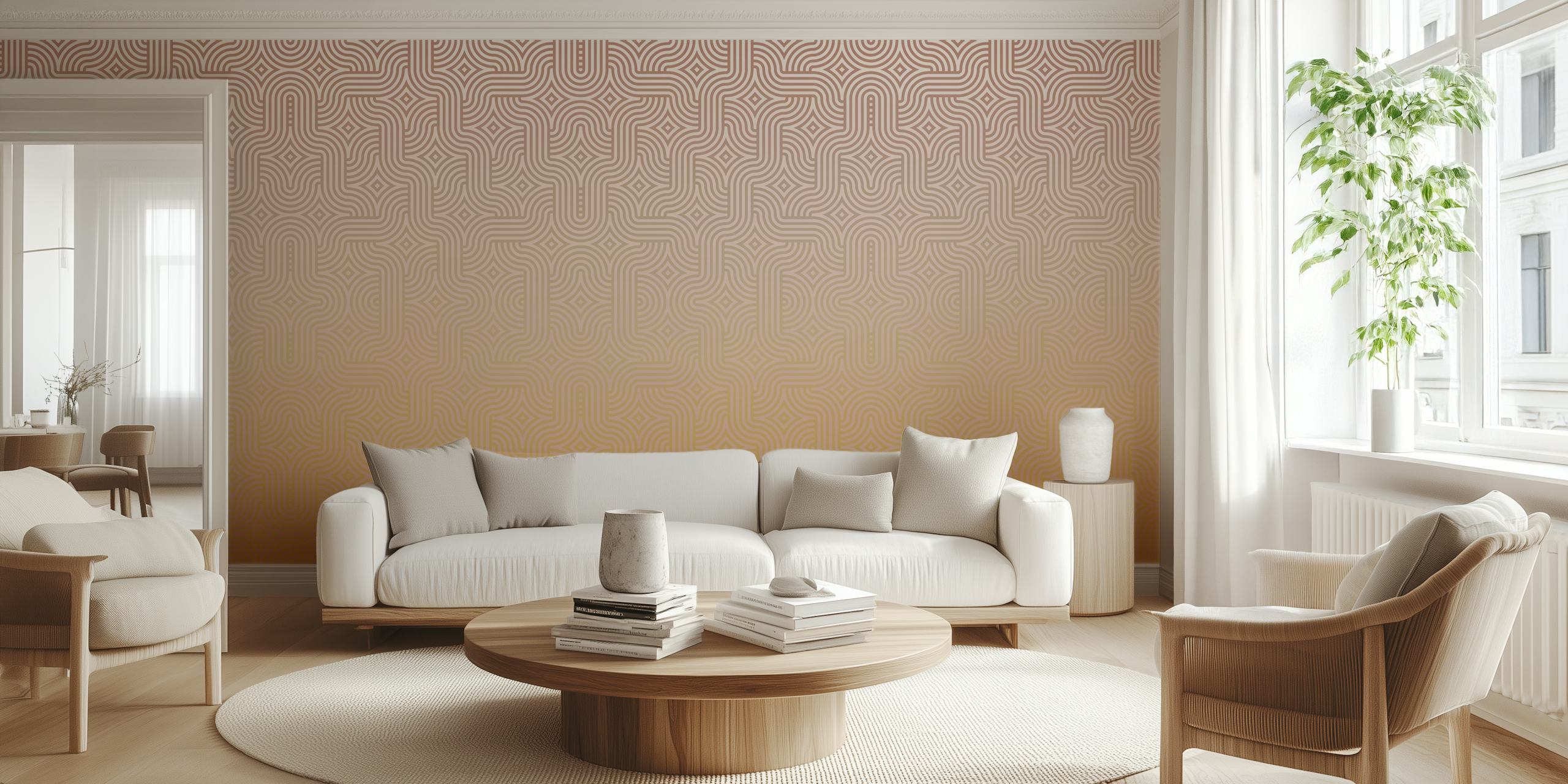 Boho golden and rose wallpaper in a room