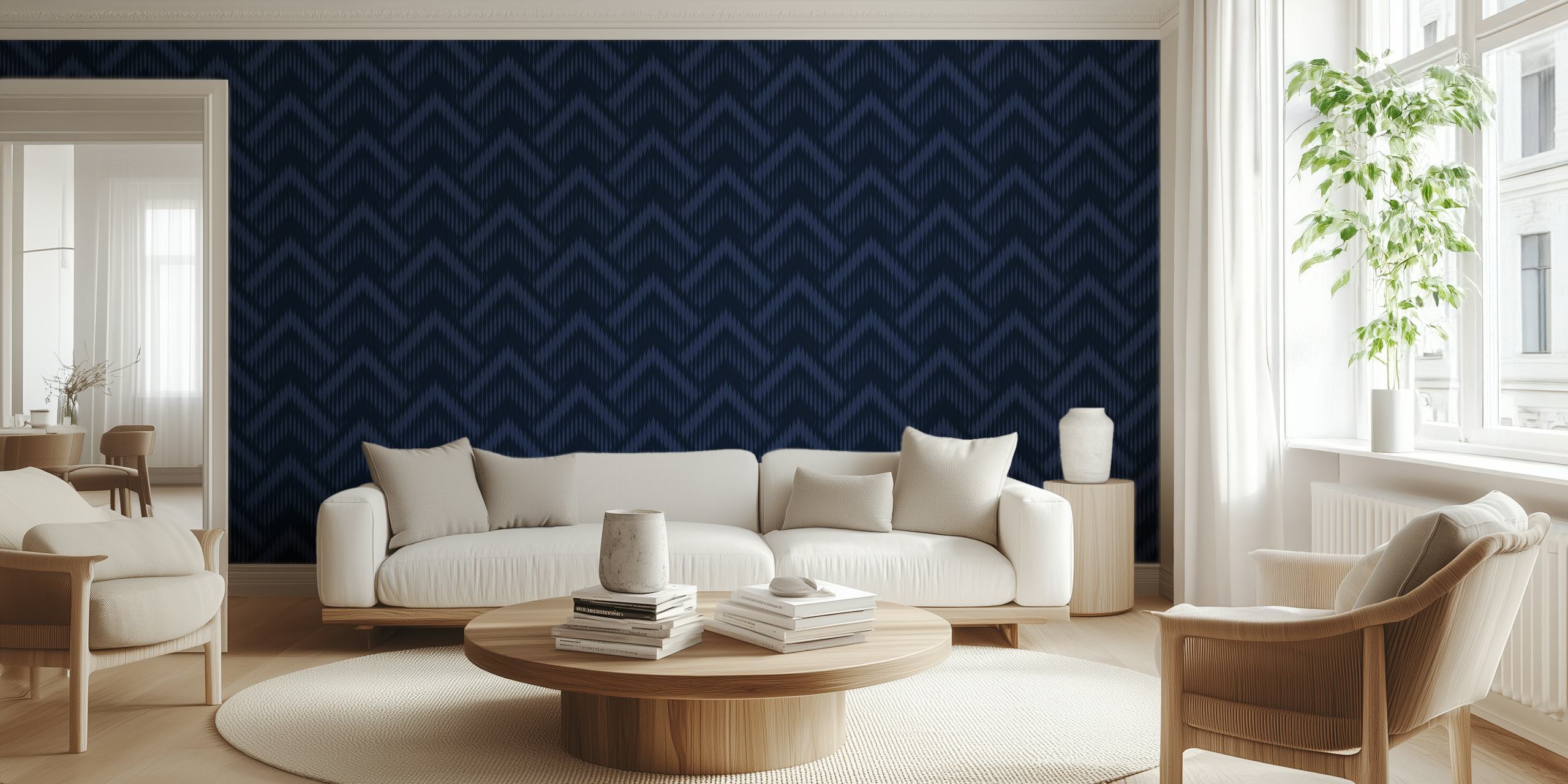 Tapeta Boho Geometrico Blue zobrazená v místnosti