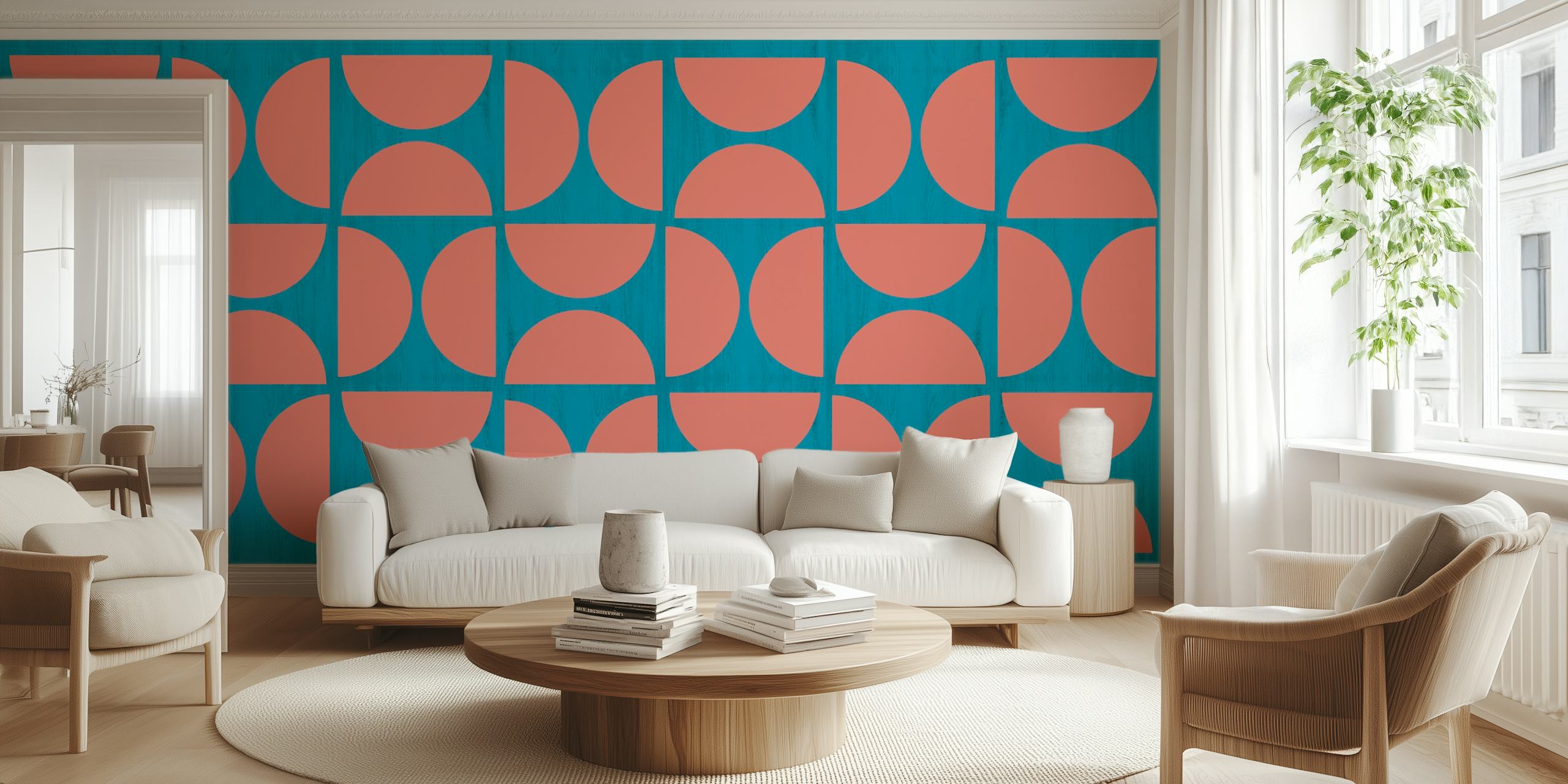 Mid-century modern wallpaper with blue wooden background and coral geometric shapes