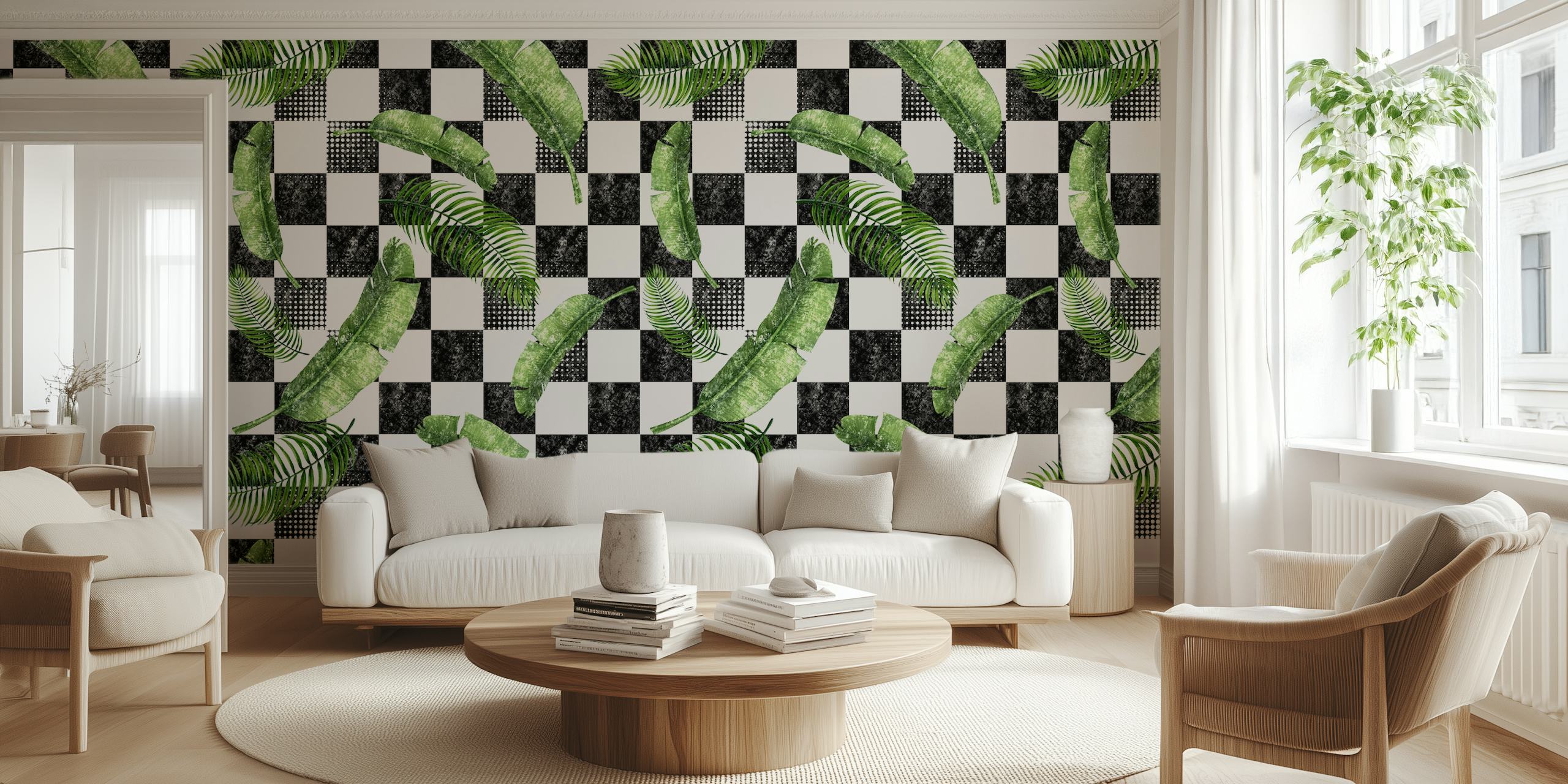 Banana leaves on alternating black and white chessboard pattern wall mural