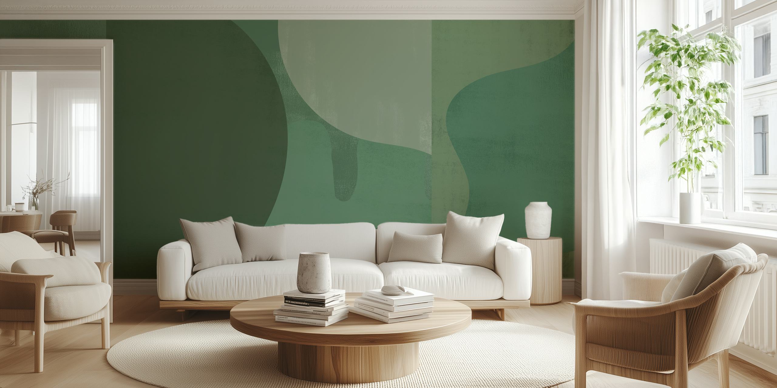 Abstract shapes in green tones and textures wallpaper
