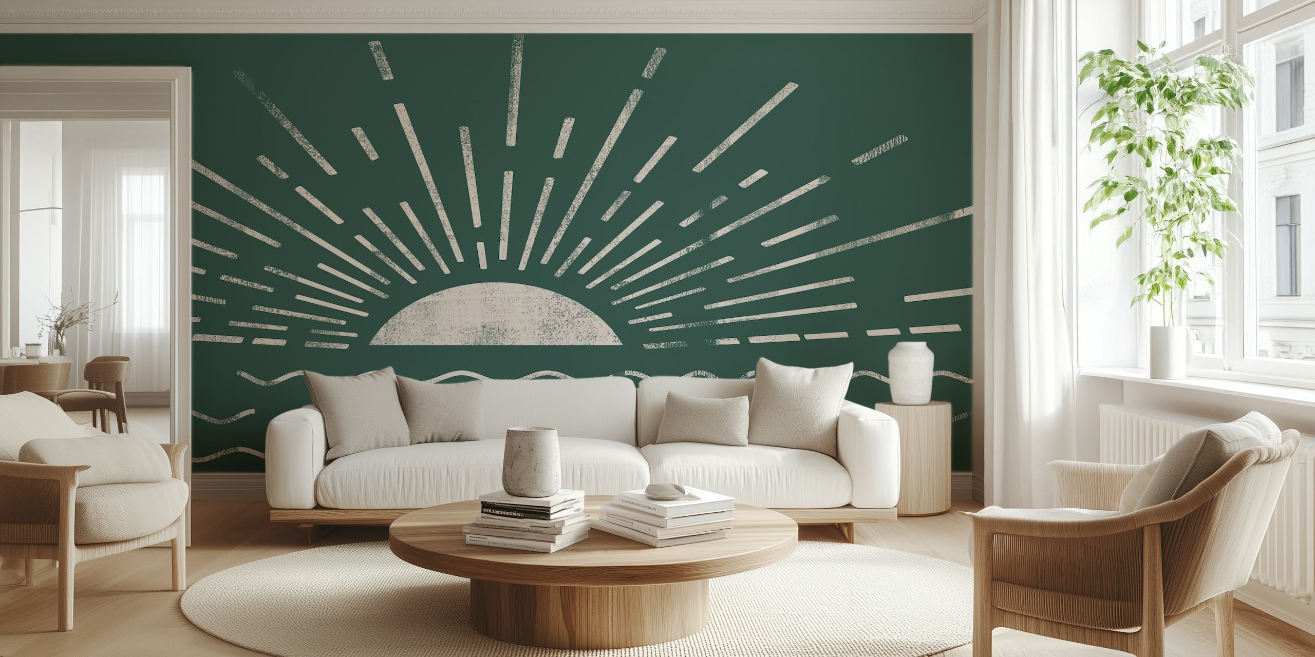 Sunburst design with waves in green and white vintage wallpaper