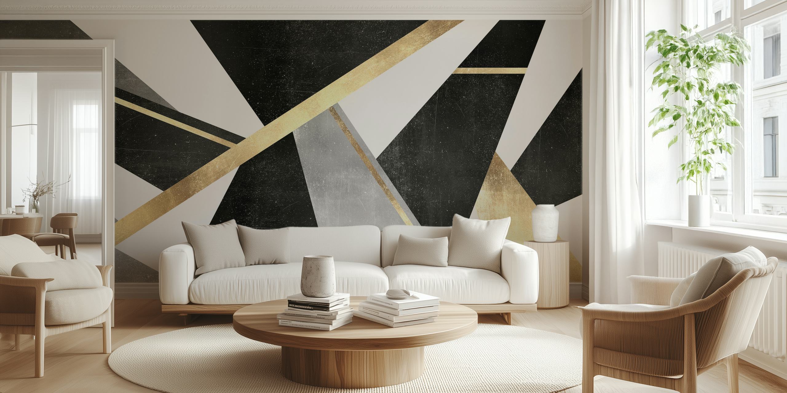 Geometric shapes in black, gray, and gold wallpaper