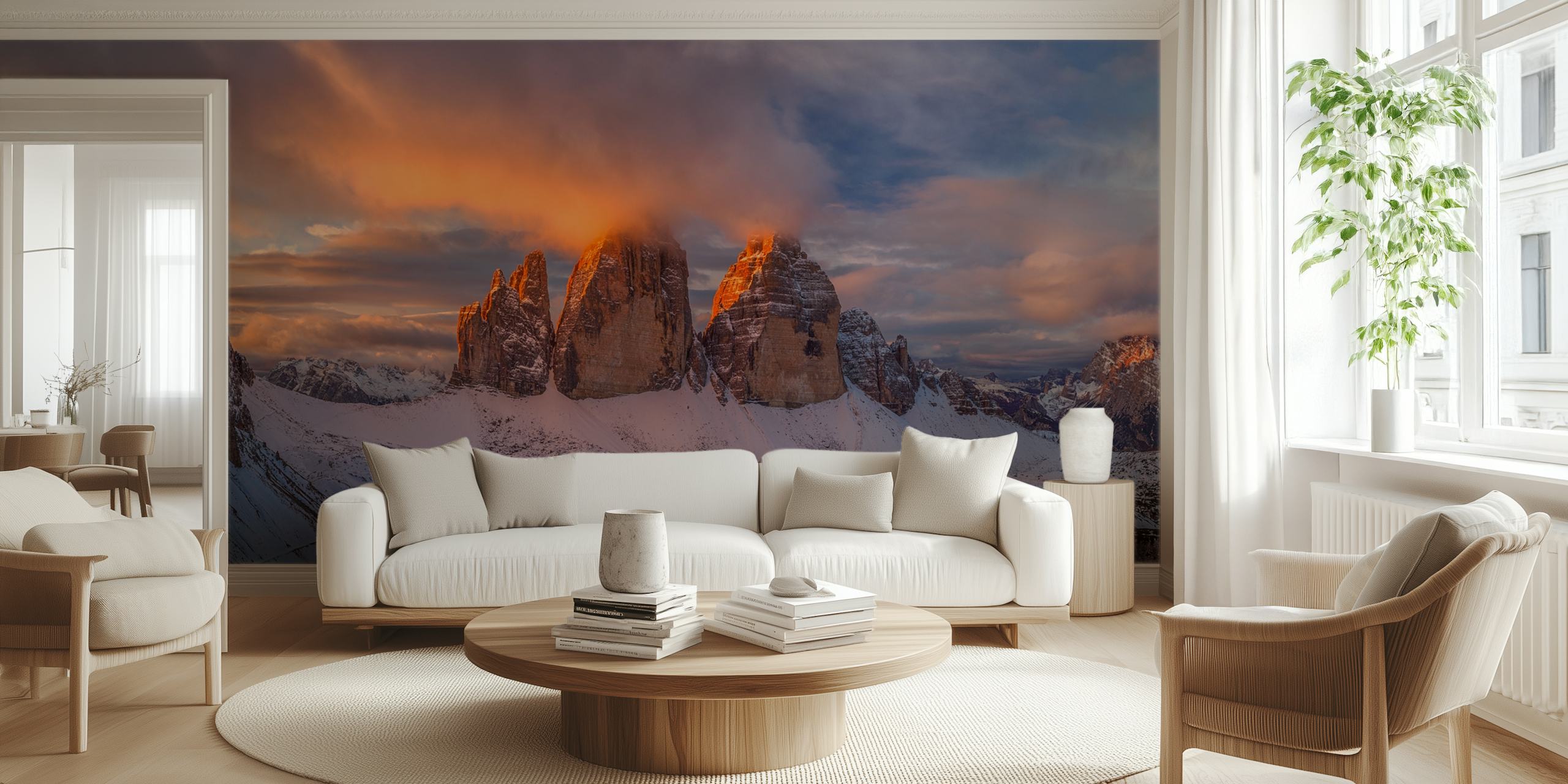 Mountain landscape with sunset hues and snowy peaks wallpaper