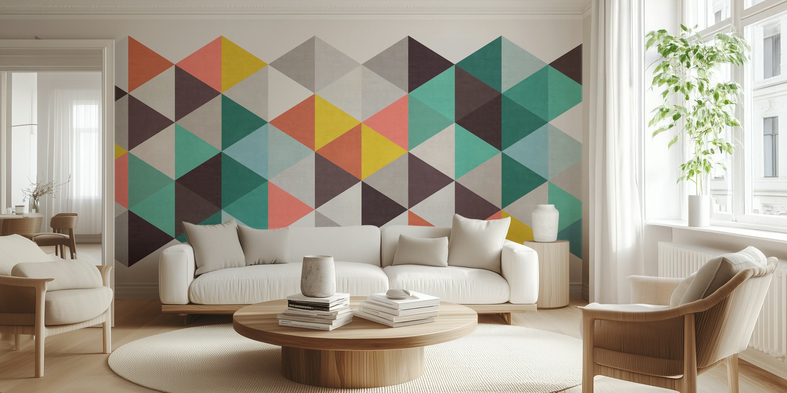 Colorful geometric triangular pattern wall mural for modern interior decor.