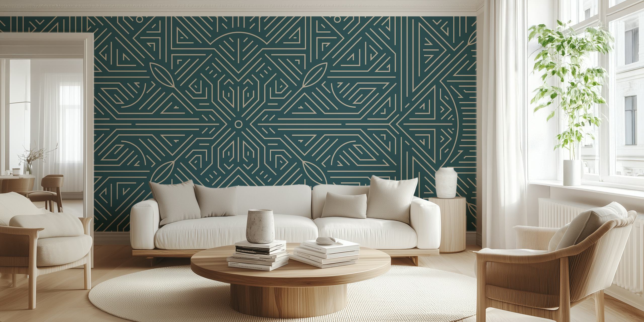 Geometric pattern in blue and cream wallpaper