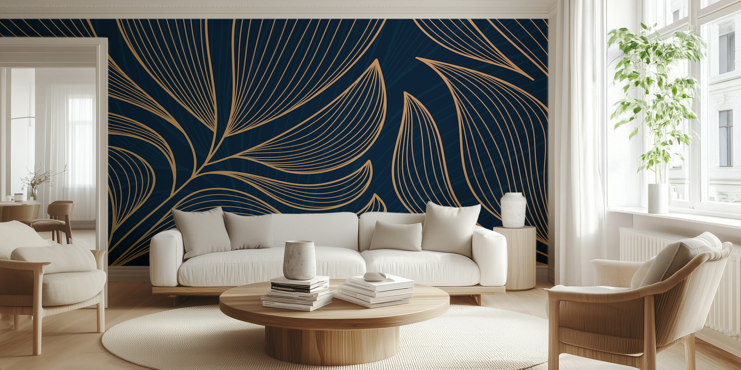 Gold Leaf Blue ταπετσαρία σε ένα σύγχρονο δωμάτιο