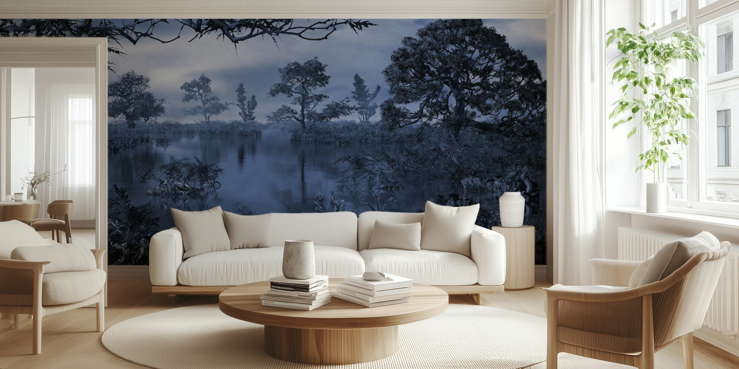 Fotomural bosque otoñal azul monocromo con atmósfera brumosa