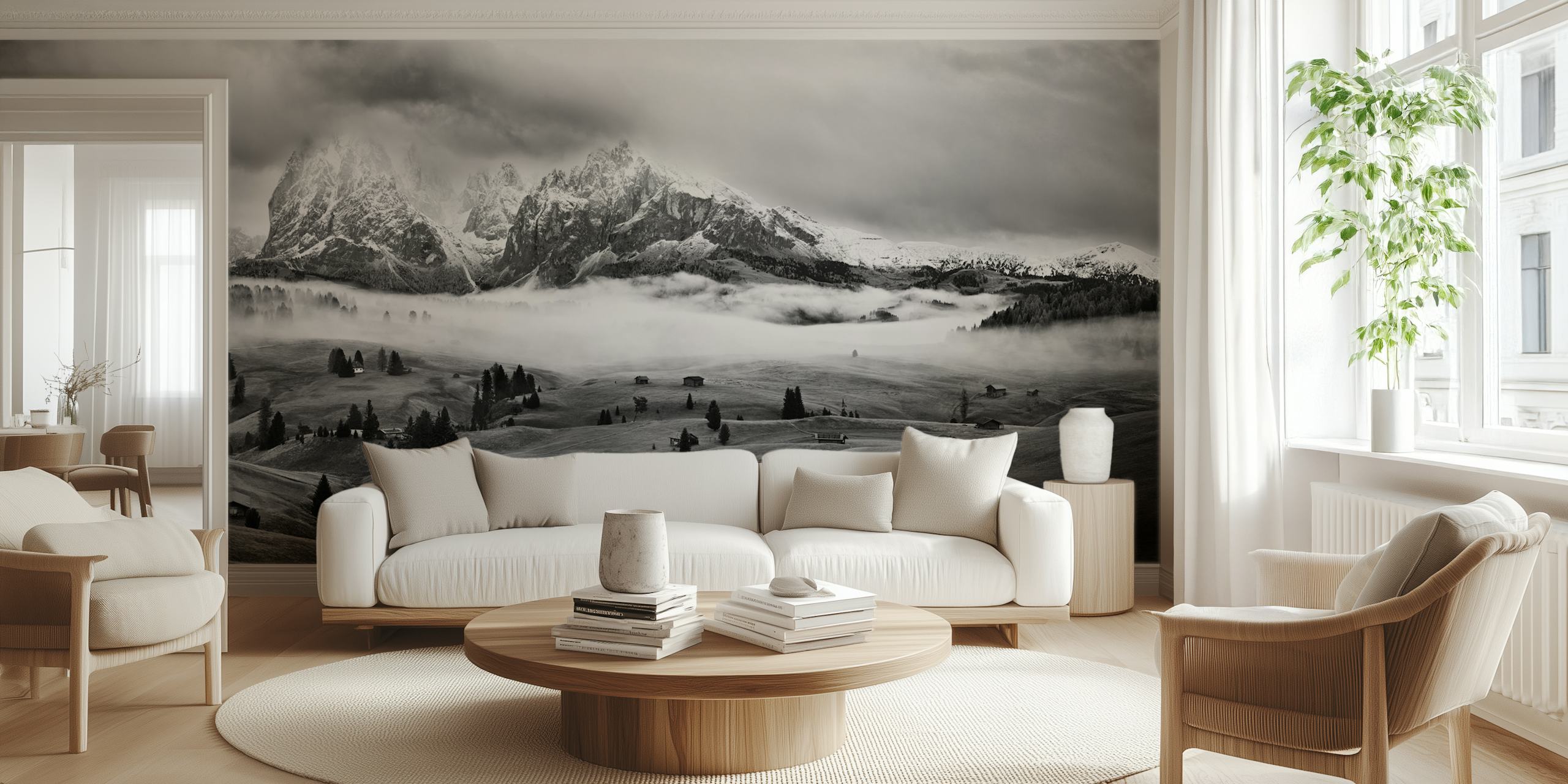 Foggy Dolomites mountains landscape in black and white wallpaper