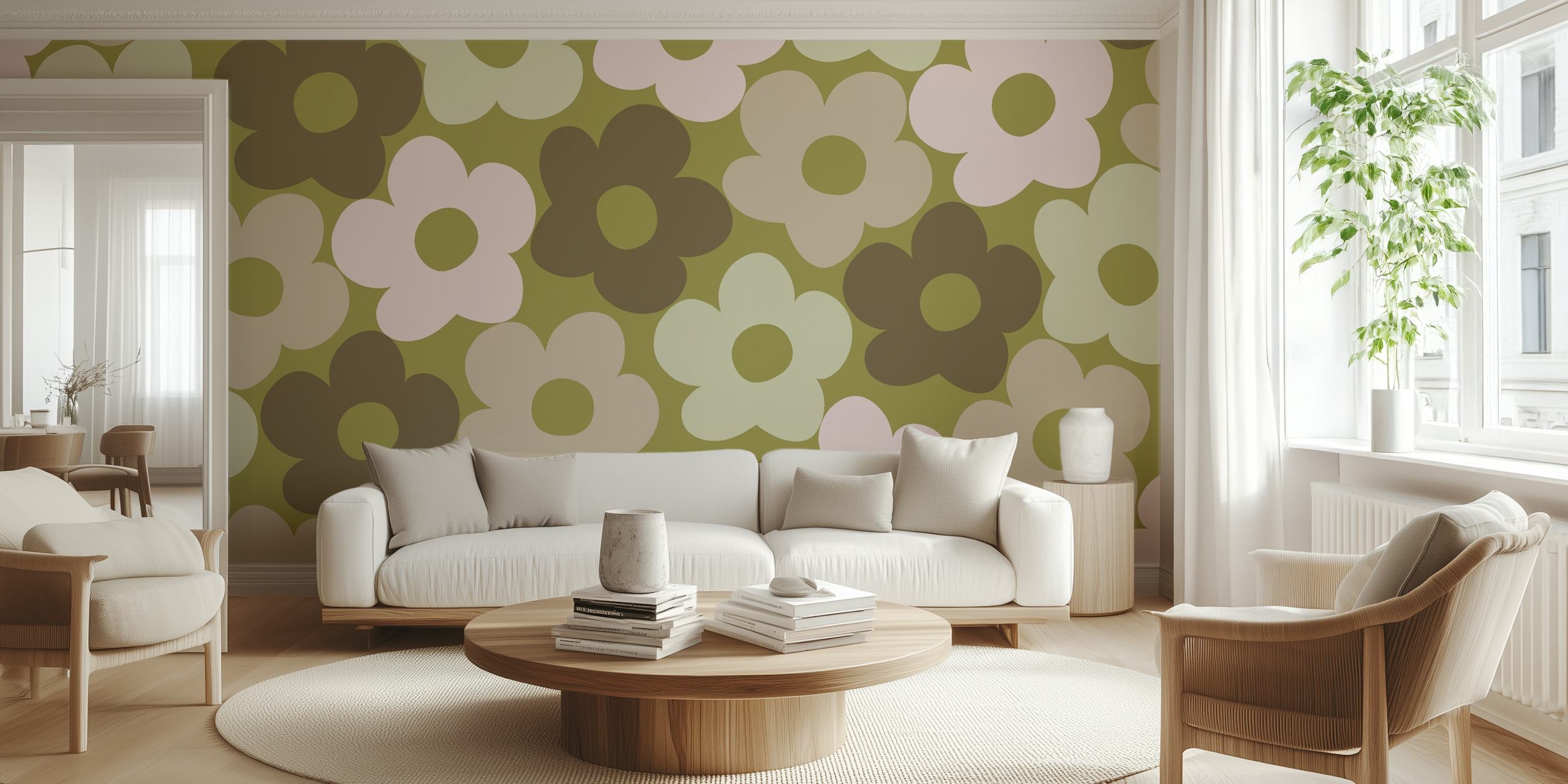 Carta da parati retrò Fall Daisies con fiori verde terra e crema