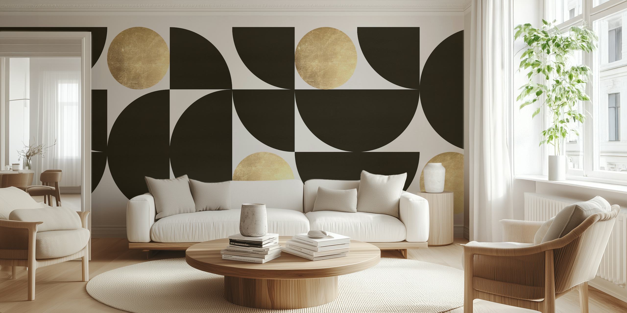 Black and gold circles wallpaper in a room