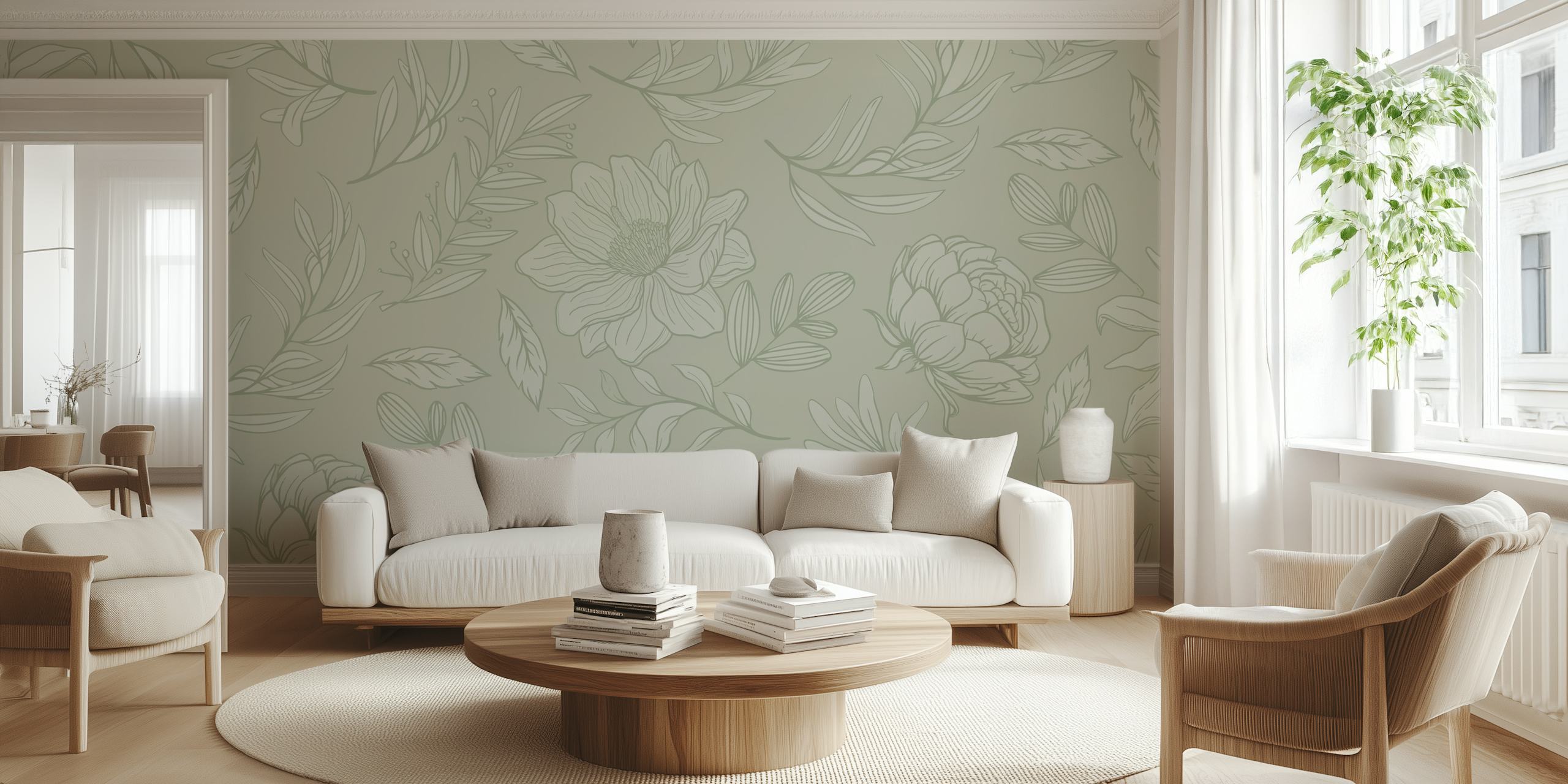 Floral patterns in light green with detailed line art wallpaper