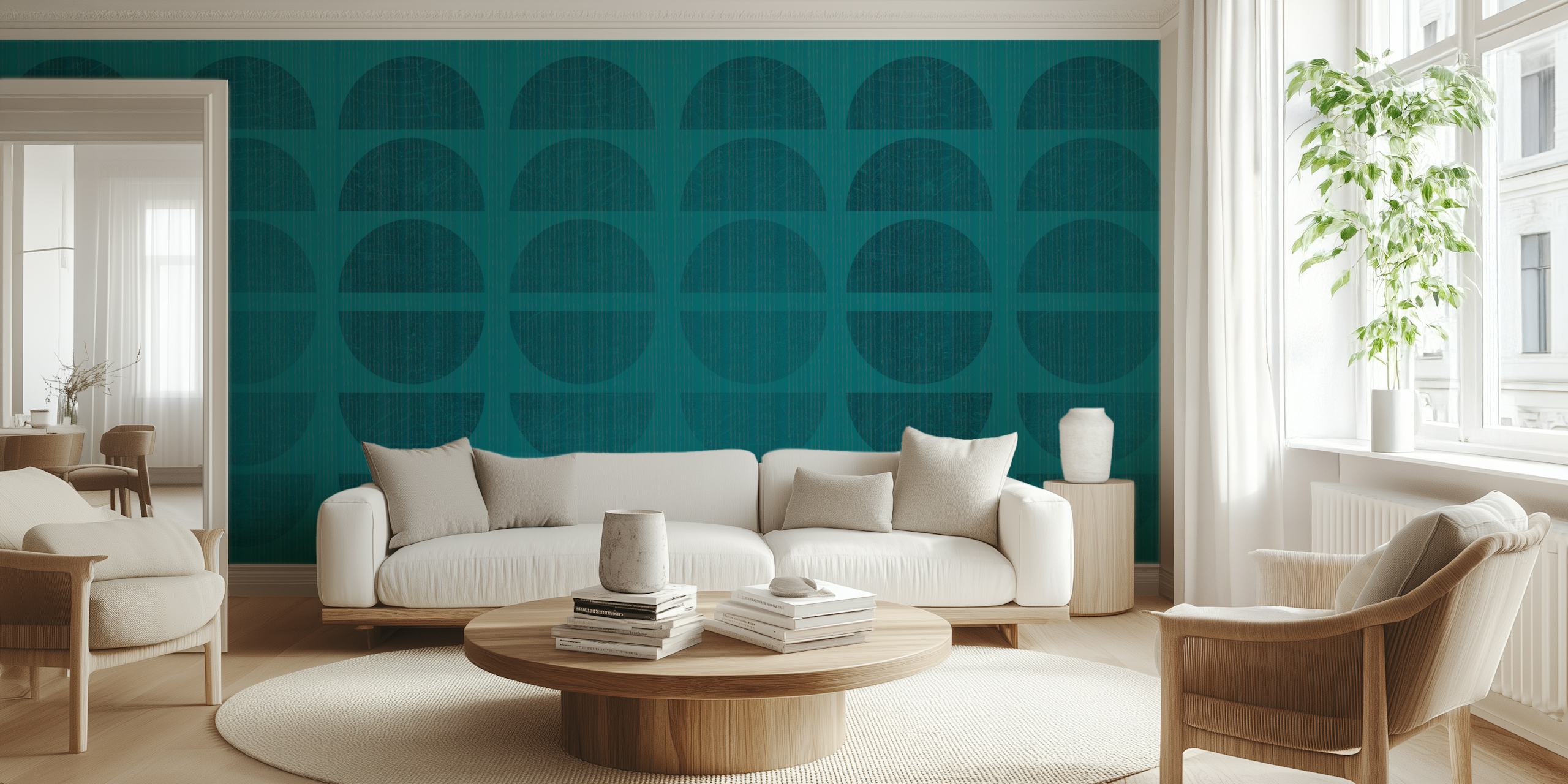 Geometric teal wallpaper with half-circle patterns, Bauhaus style design