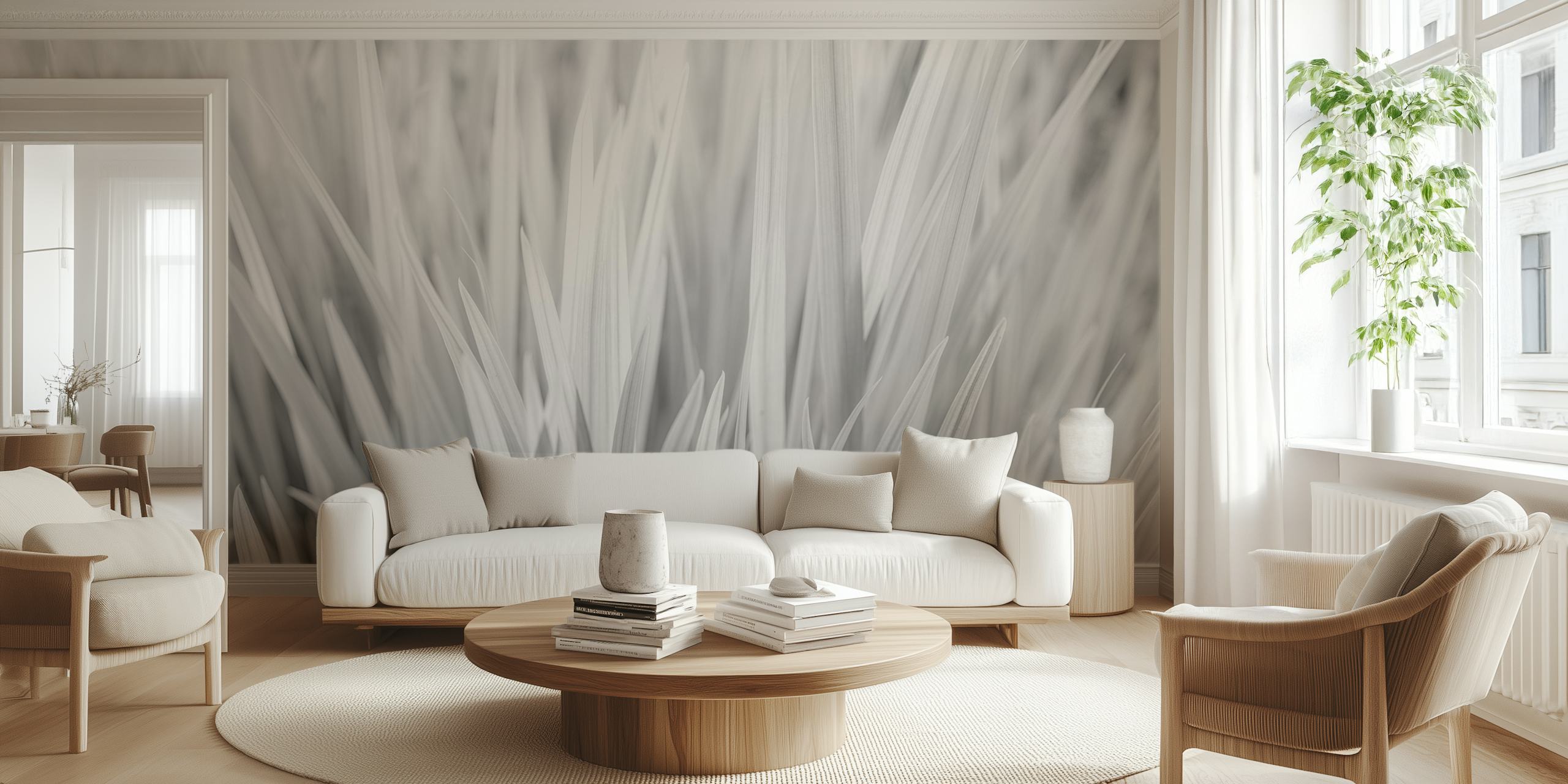 Abstract swirling grass pattern wall mural in monochromatic tones