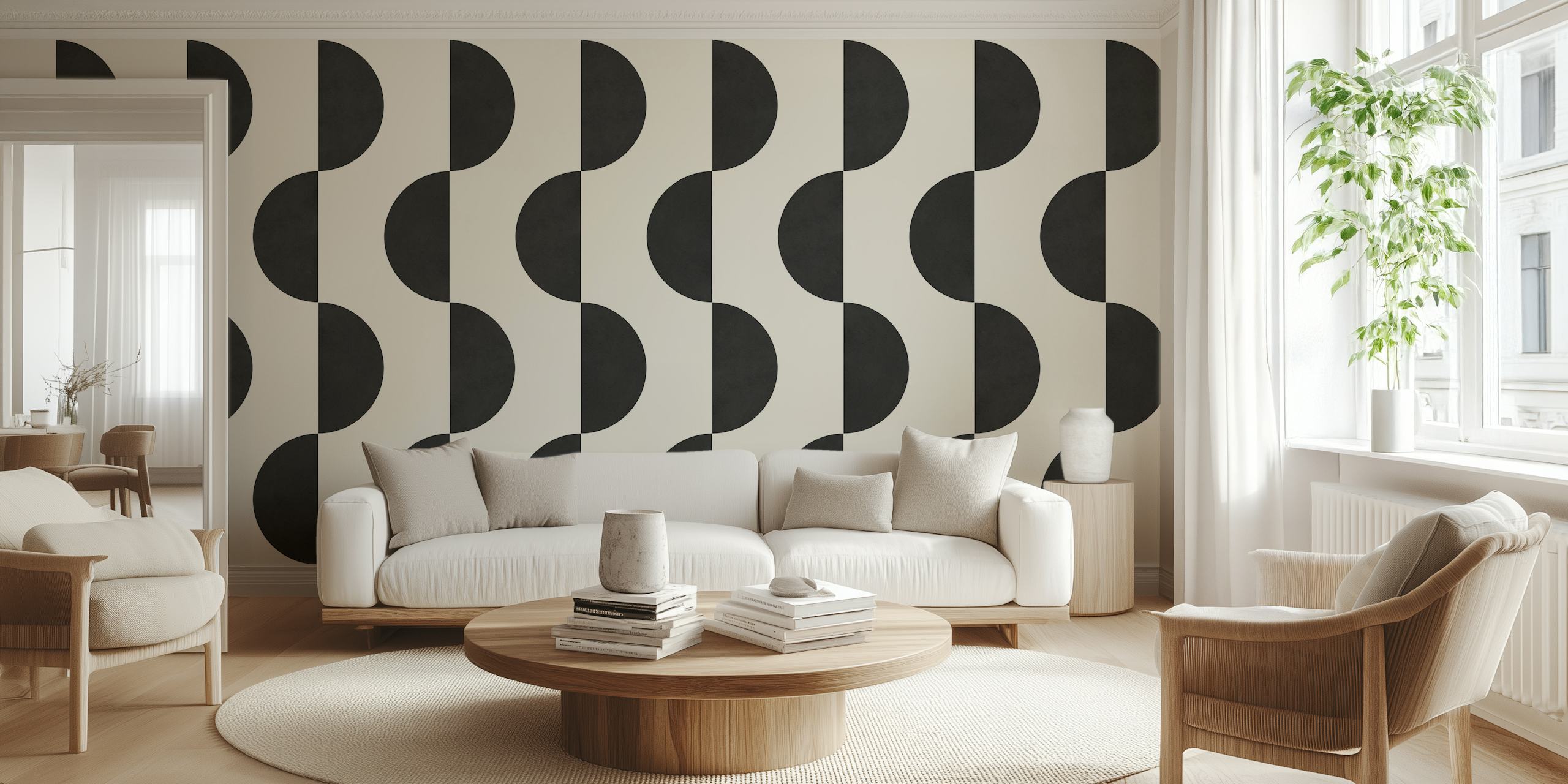 Black and white geometric pattern wallpaper featuring lines and circles.