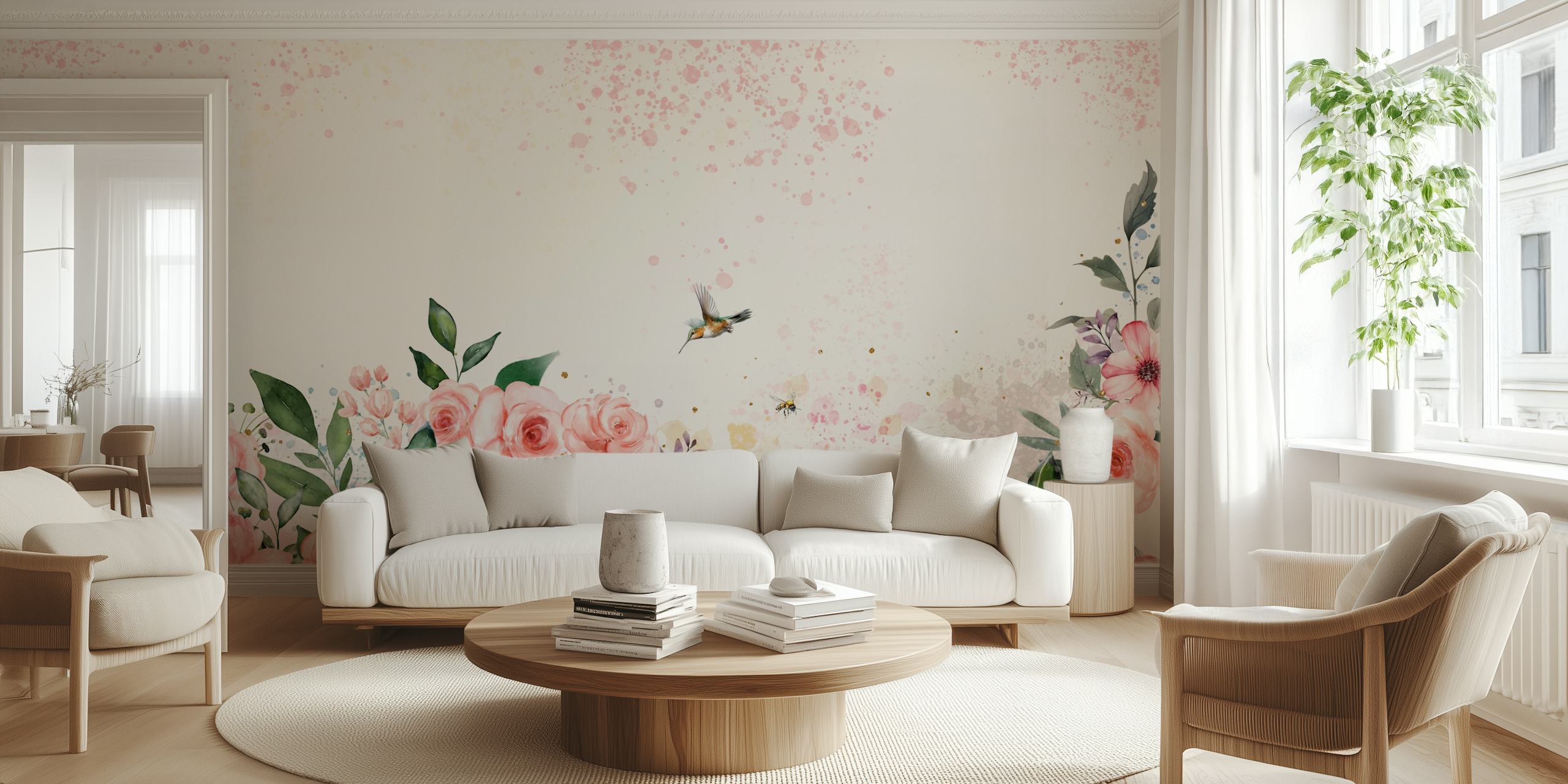 Pink roses wallpaper in a room setting