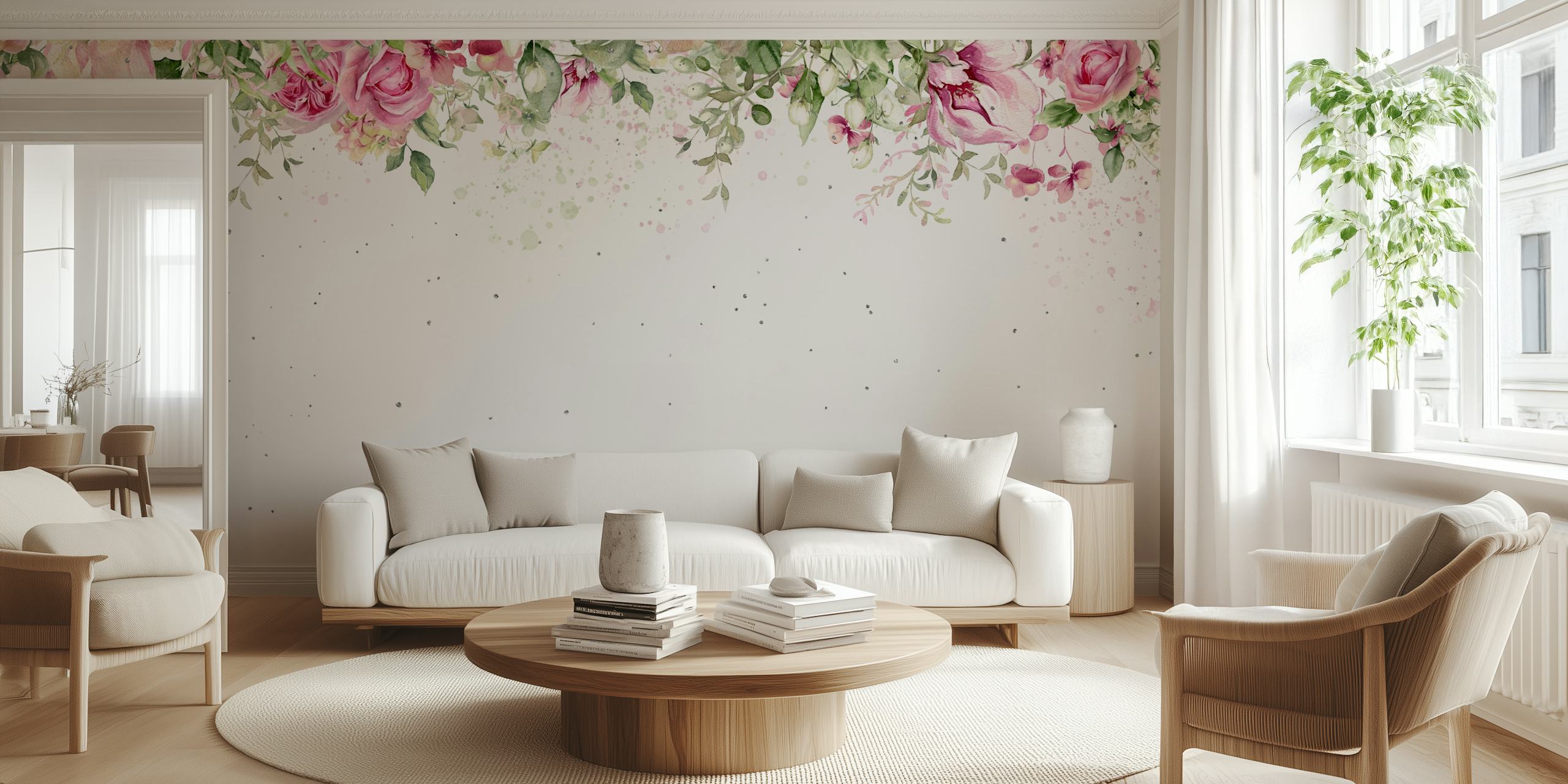 Watercolor roses and leaves in pink and green tones wallpaper