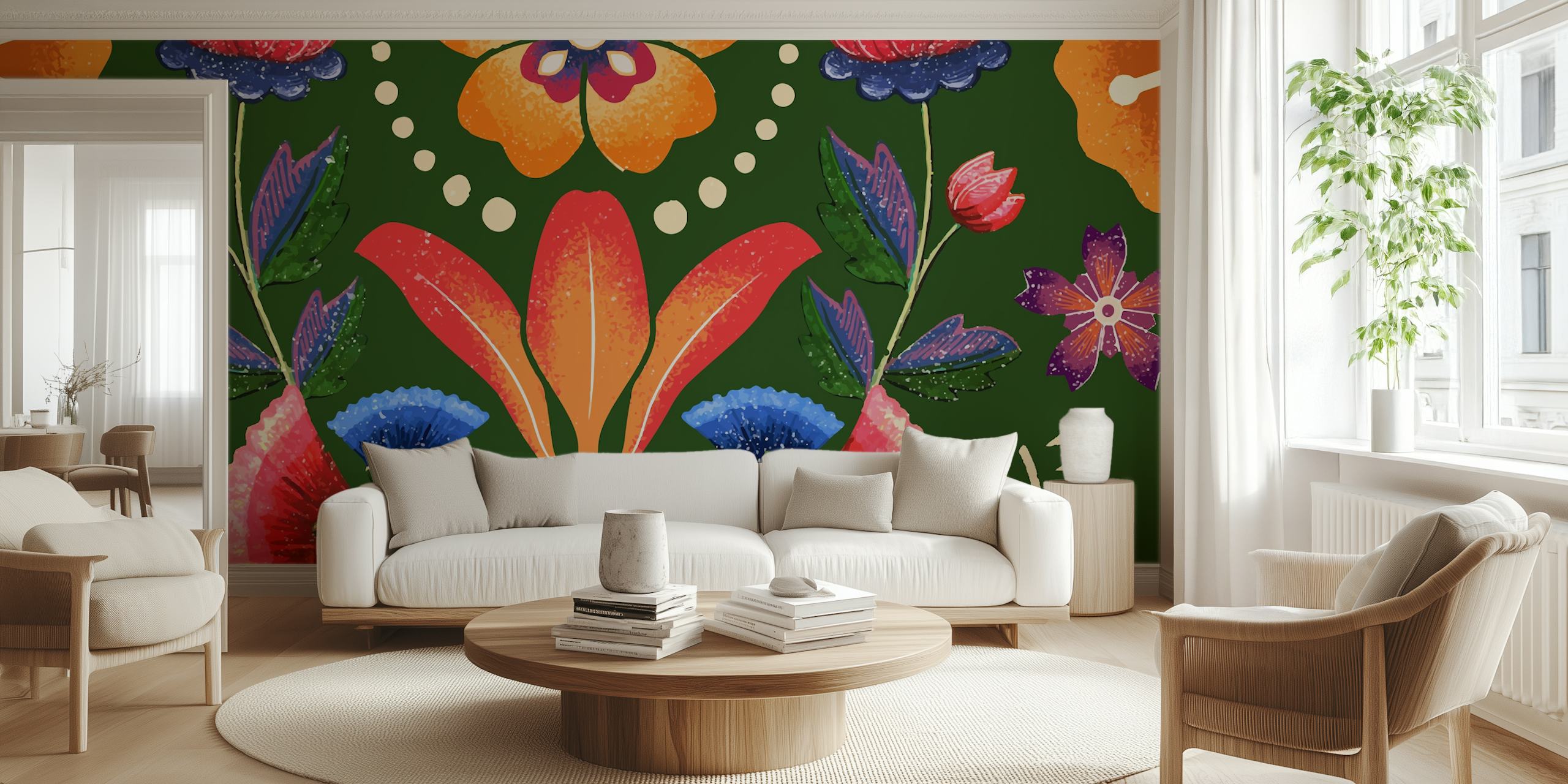 Floral pattern with red, blue, and orange flowers on green wallpaper