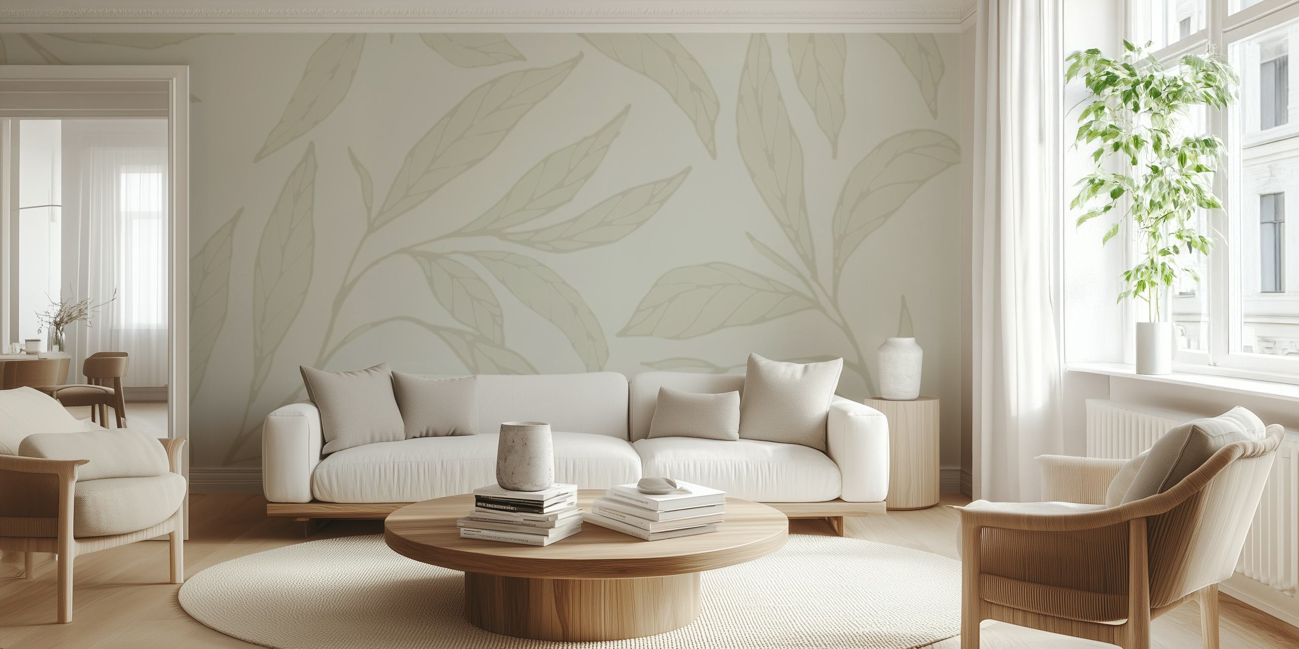 Fotomural de pared con estampado de hojas beige