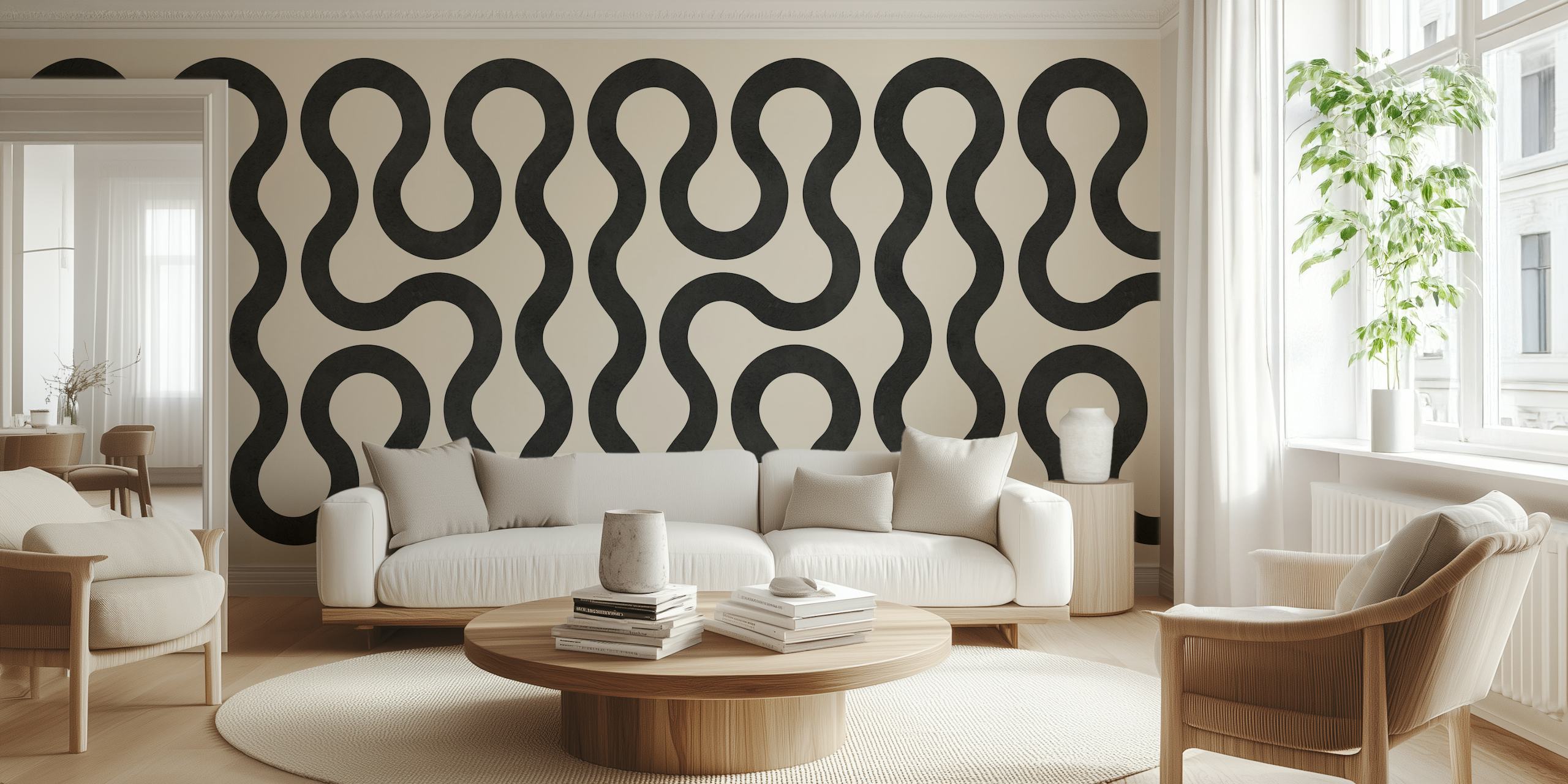 Artistic wall mural featuring a pattern of interconnected lines and circles in a monochrome palette