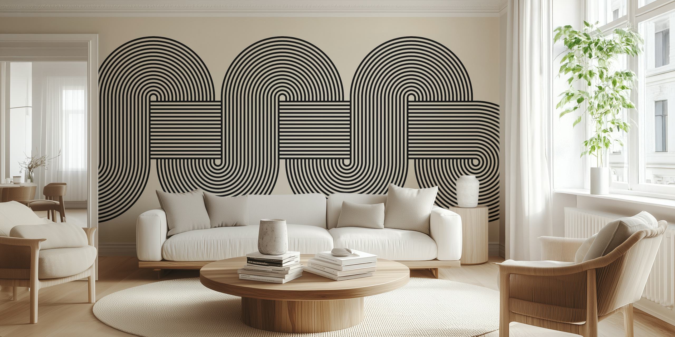 Abstract black and white curved lines wallpaper