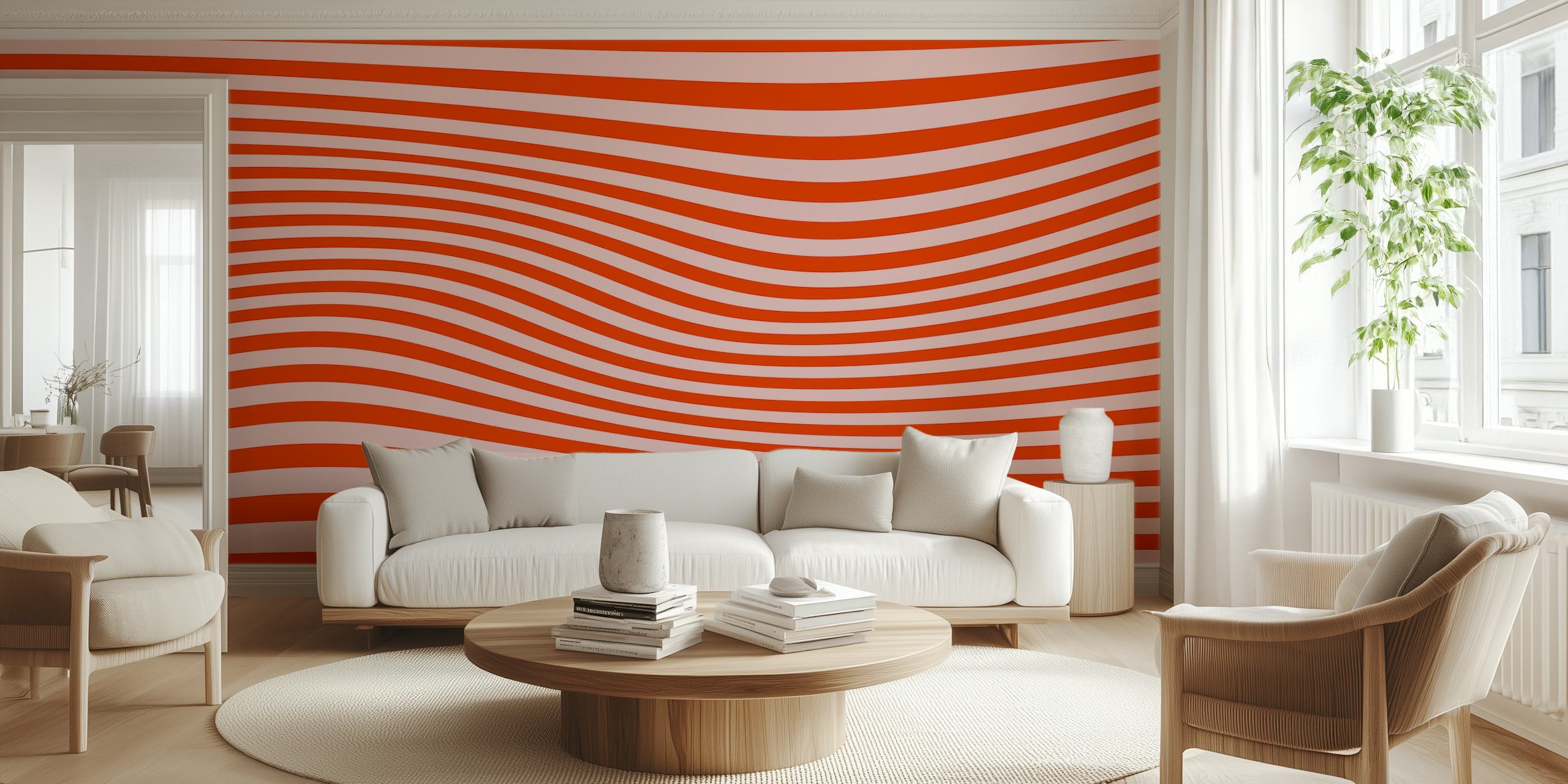 Wavy stripes in pink and red tones mid century modern wallpaper