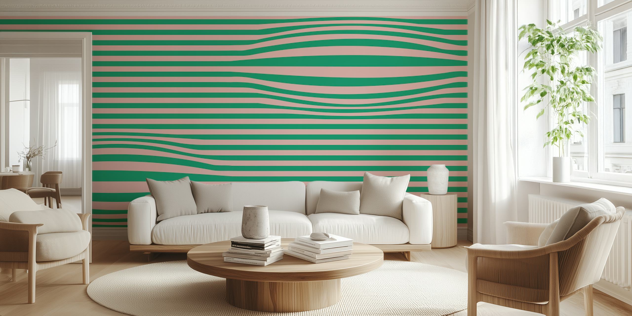 Green and pink striped wallpaper in retro style