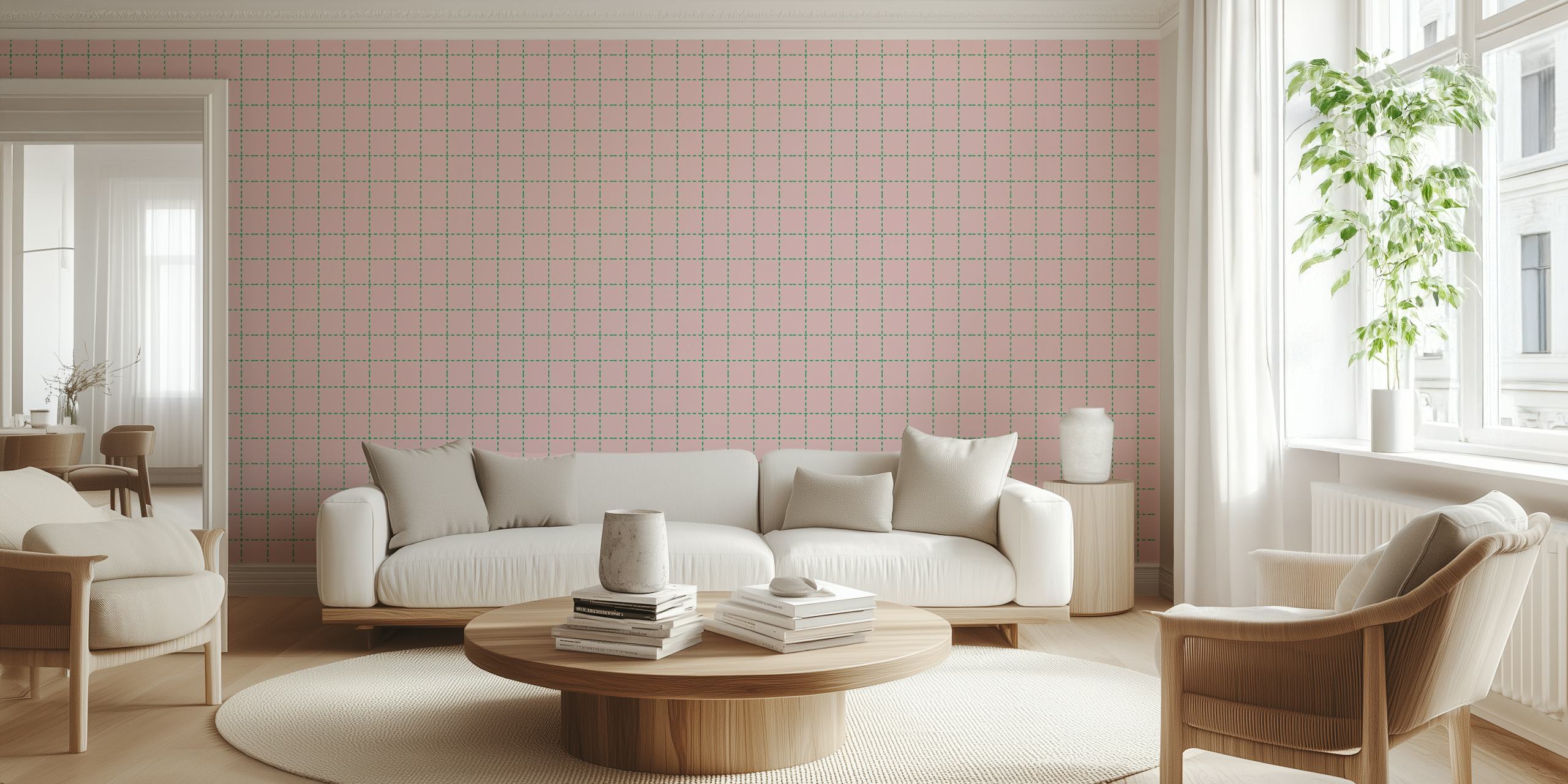 Elegant veggmaleri med rutemønster i rosa og grønne nyanser