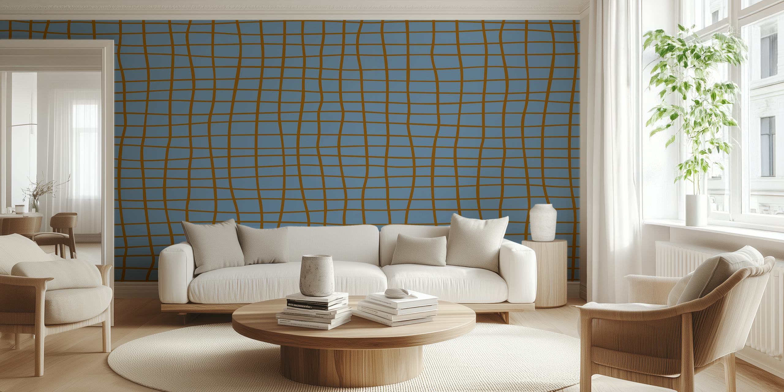 Carta da parati blu a motivo grid Grid Pattern Blue Seatle in una stanza