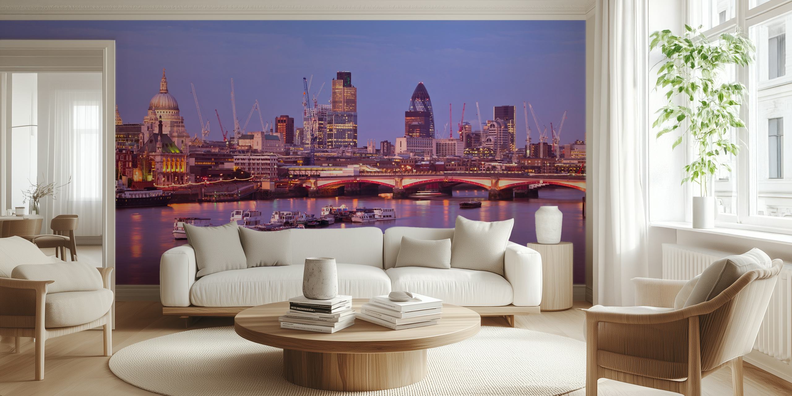 Wall mural of the River Thames in London at dusk with city skyline