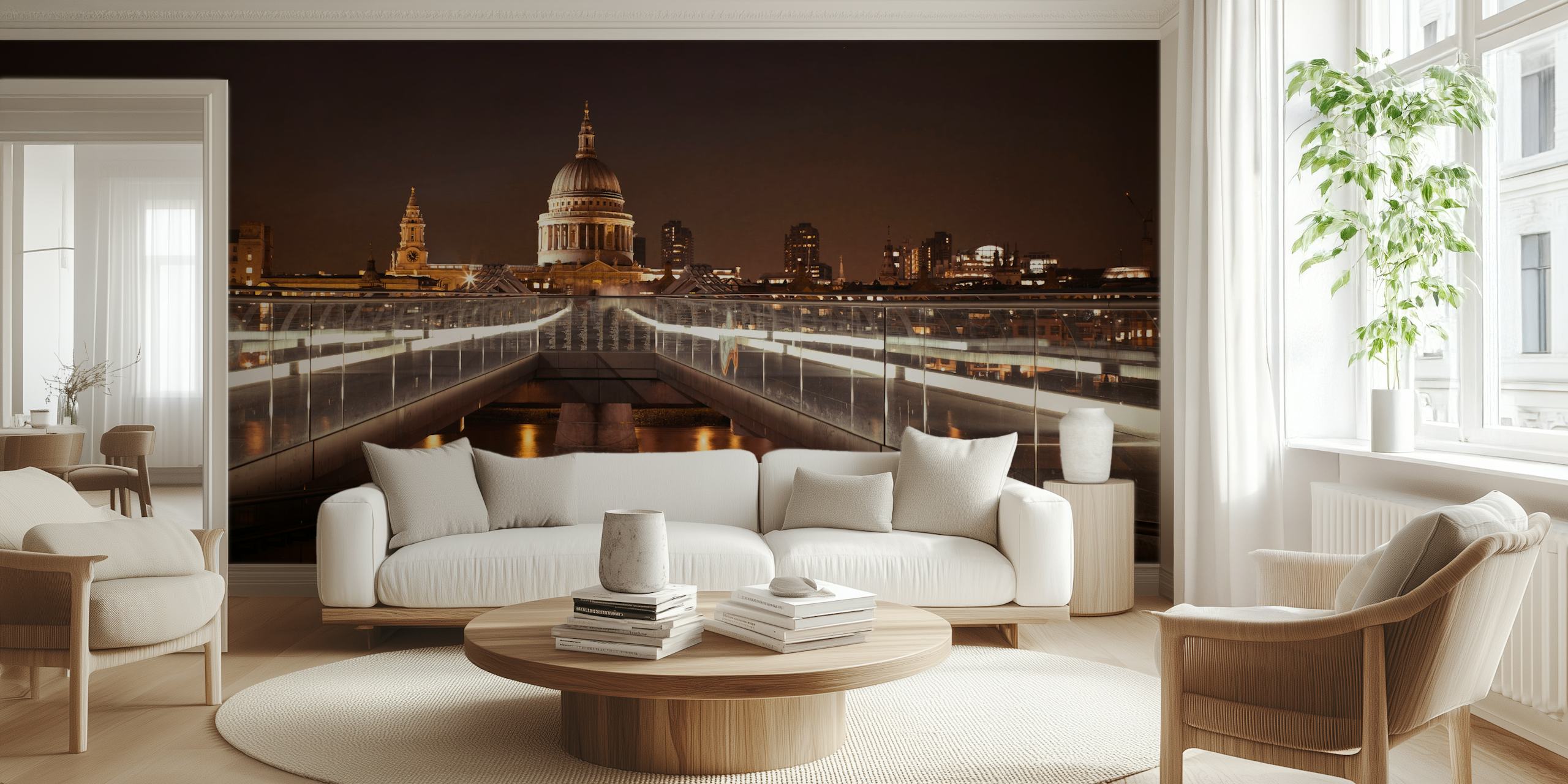 Millennium Bridge at night with St. Paul's Cathedral in the background wall mural