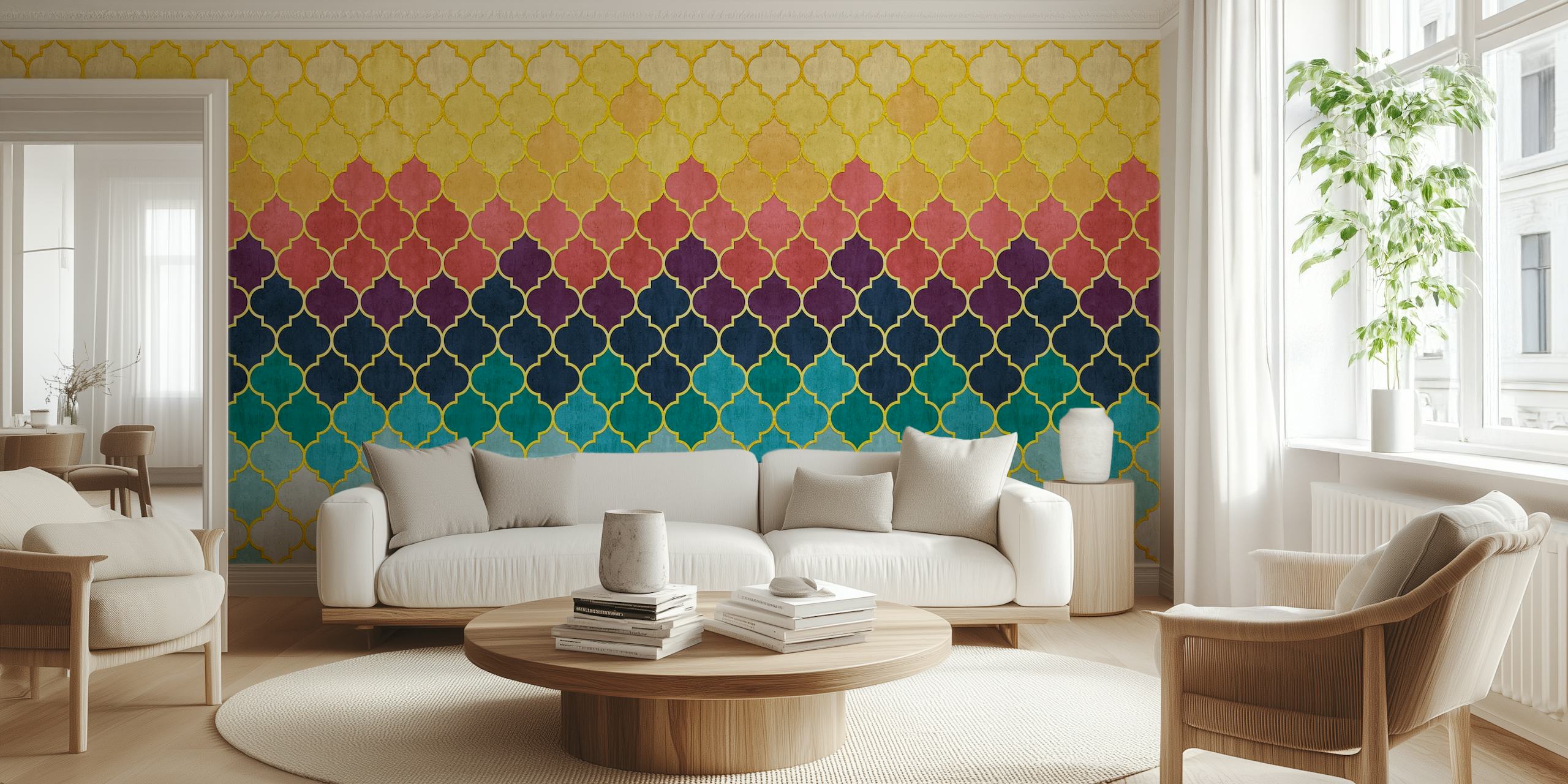 Colorful geometric pattern wallpaper in yellow, pink, and blue