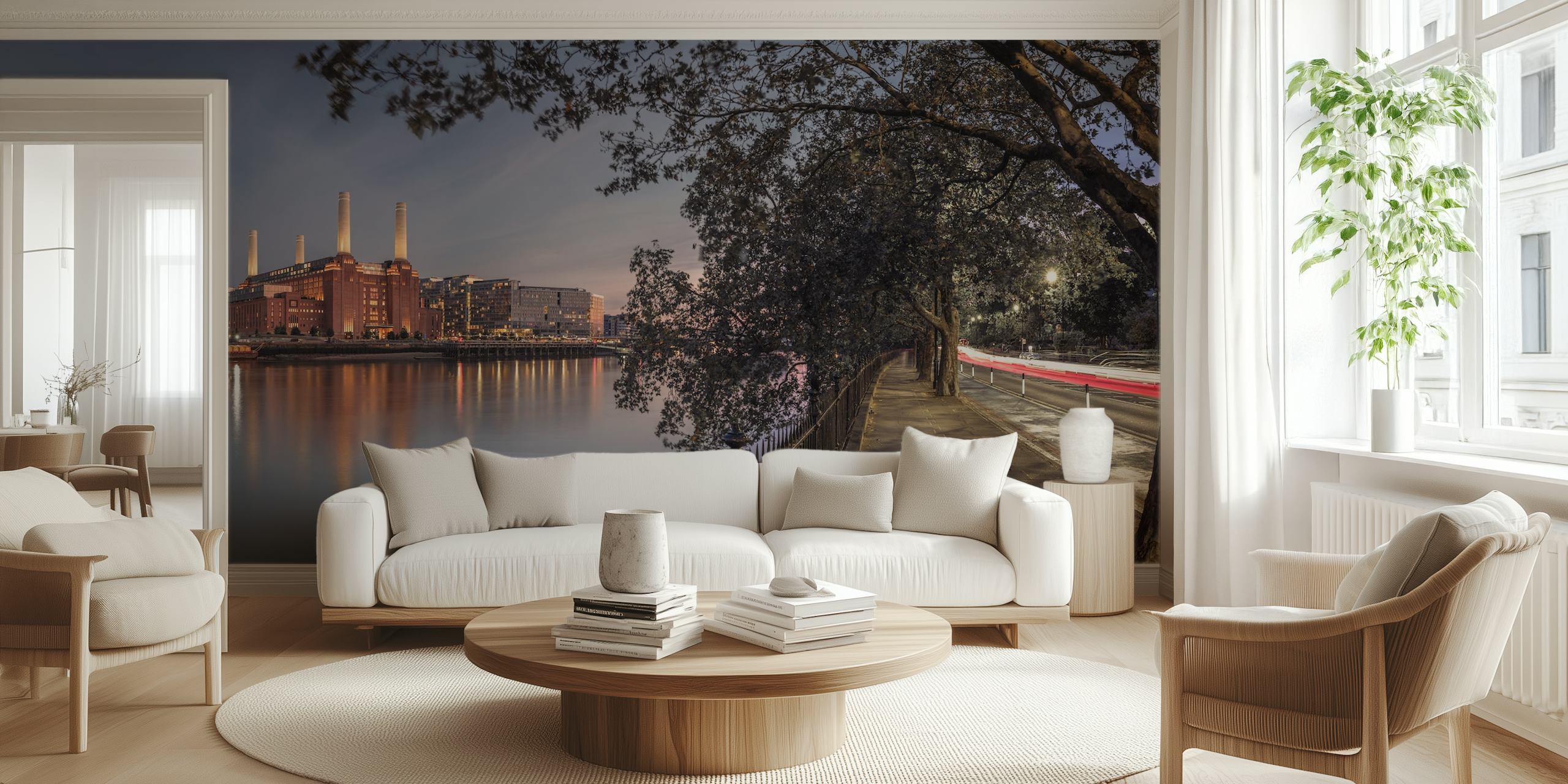 Battersea Power Station with trees and river at dusk wallpaper