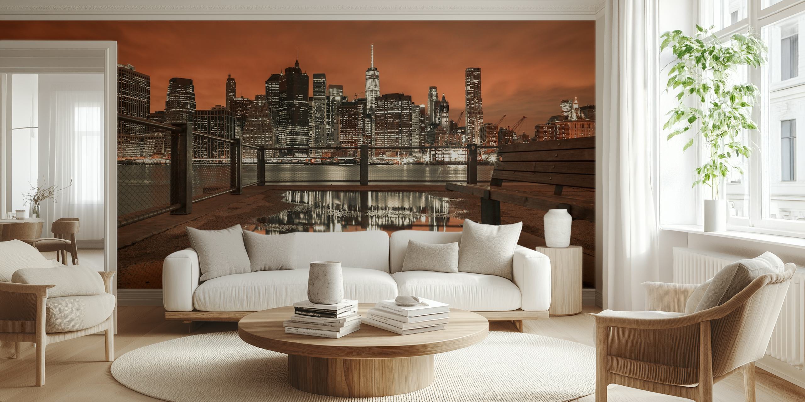 Lower Manhattan skyline wallpaper in a room