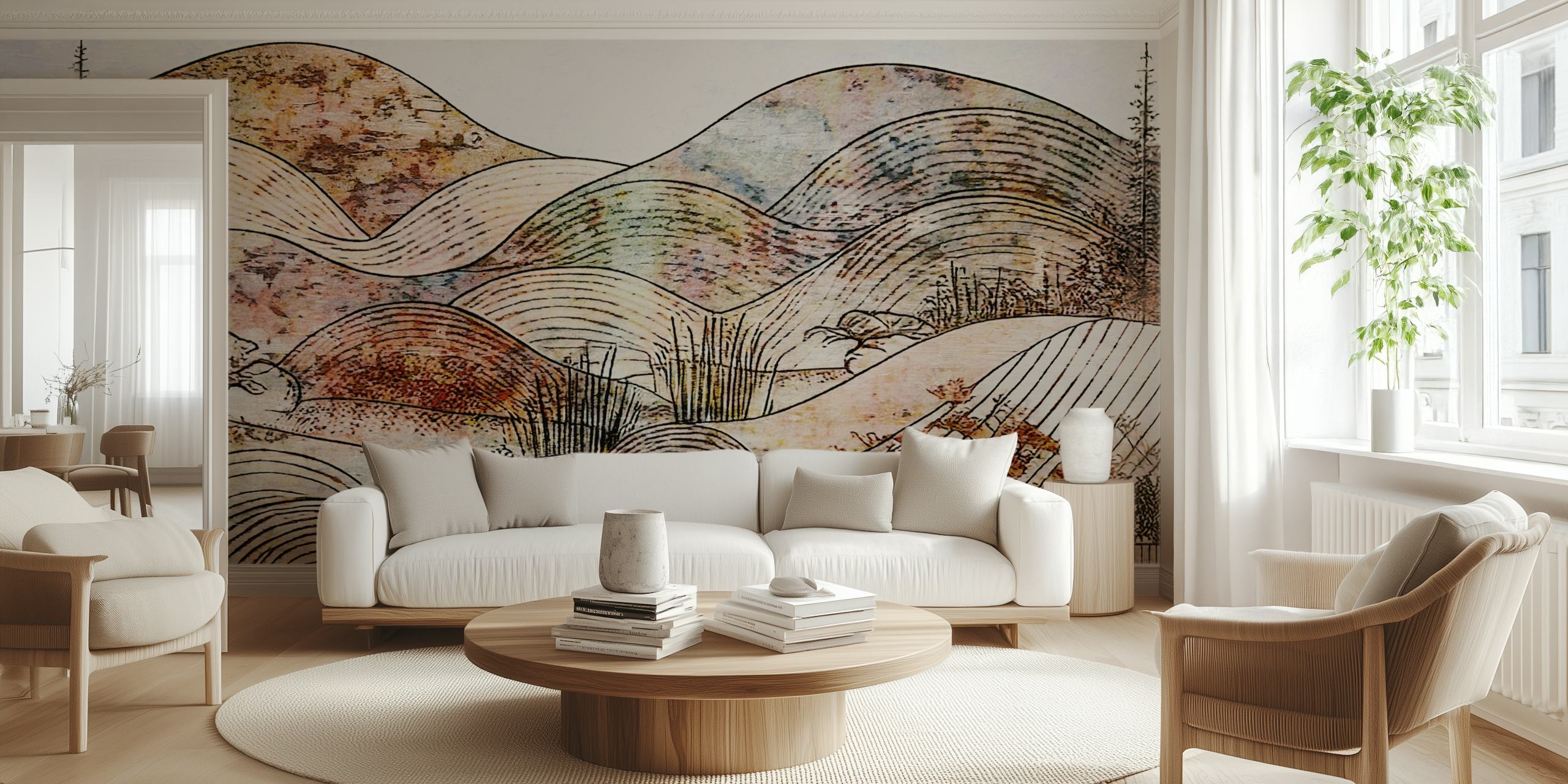 Antique Japandi Sunrise Mountains carta da parati in una stanza