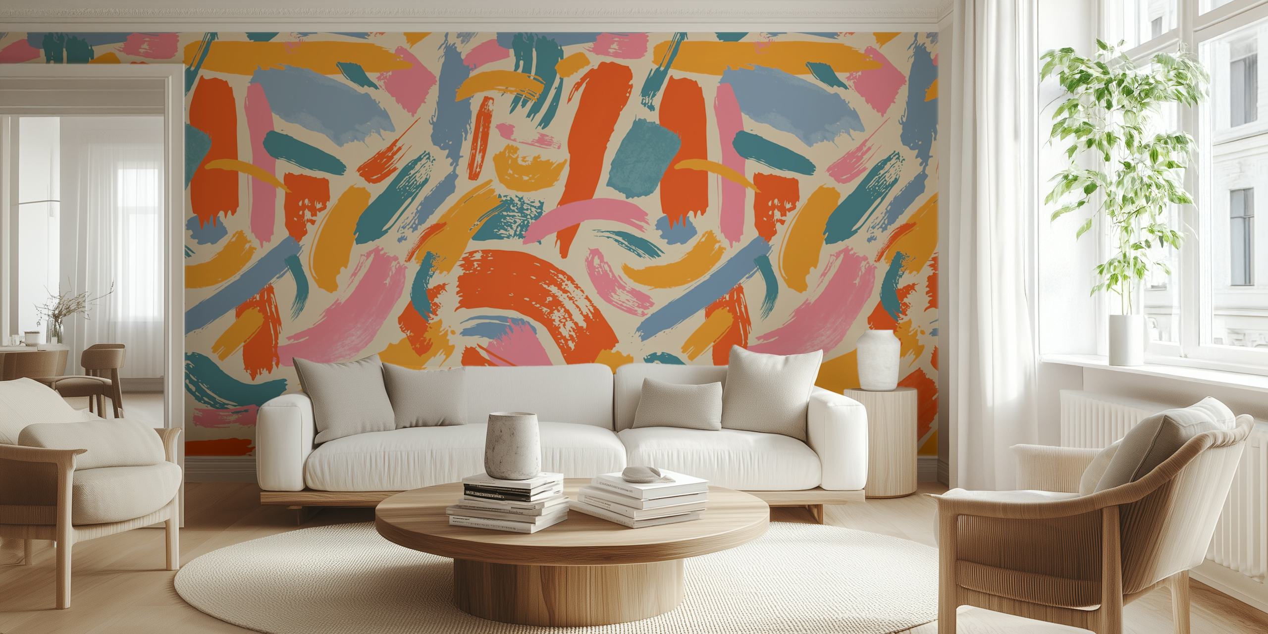 Colorful abstract brush strokes in orange, pink, and blue wallpaper