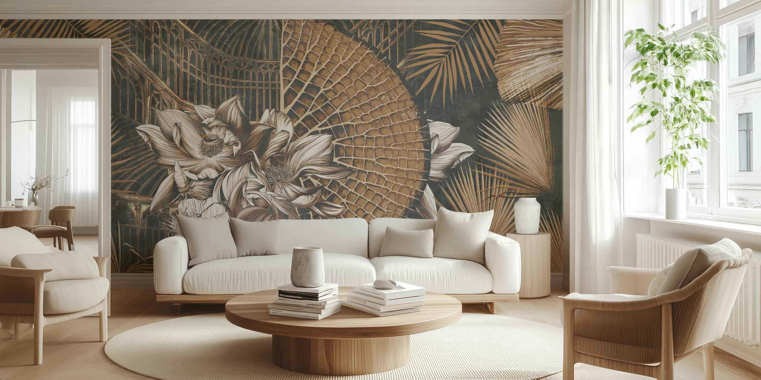 Floral and fan patterns in gold and brown tones wallpaper