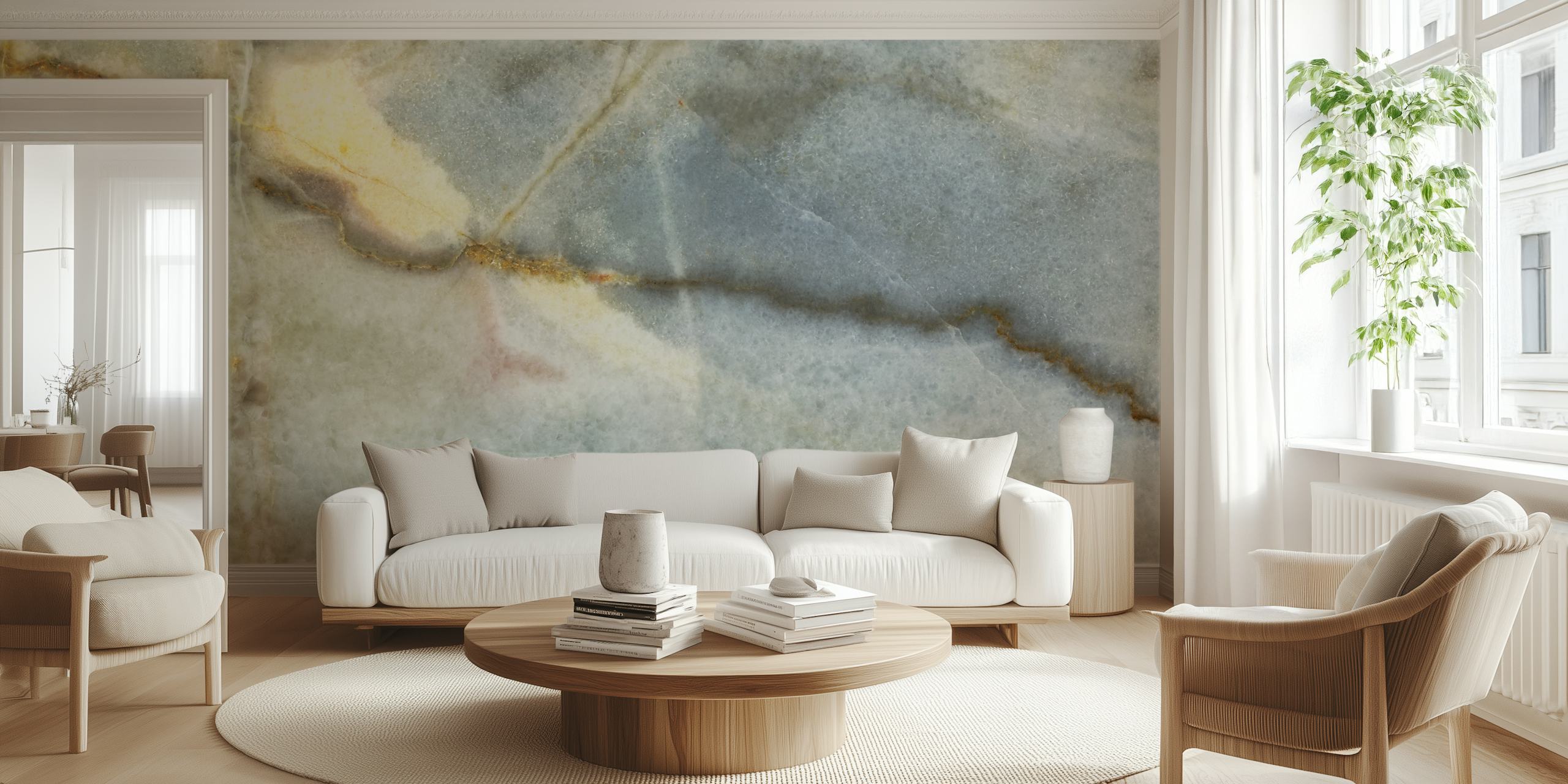 Marble texture wallpaper with gold and blue hues, abstract design