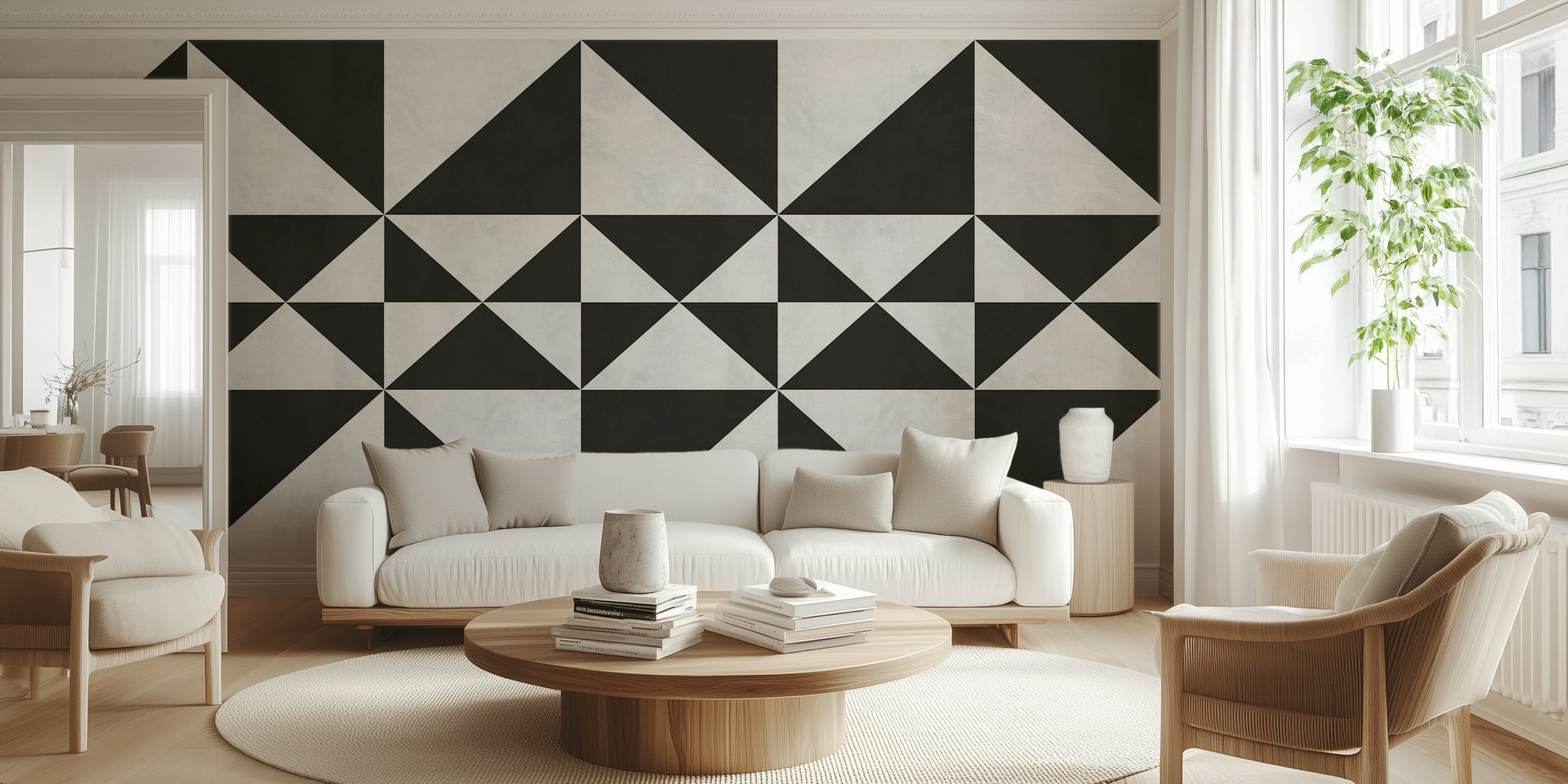 Black and white strokes wallpaper in a room