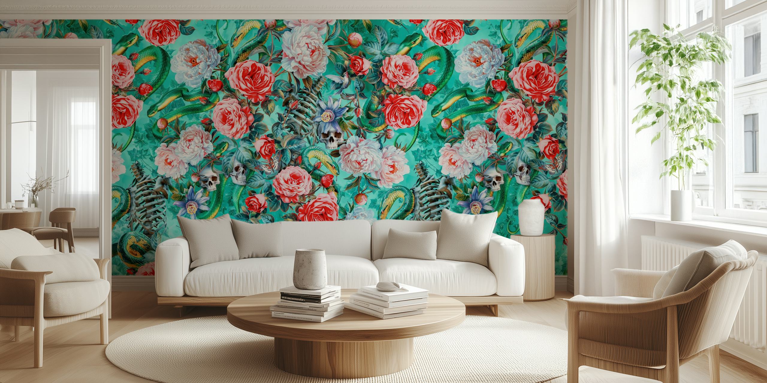 Floral wall mural with teal, pink, and green hues
