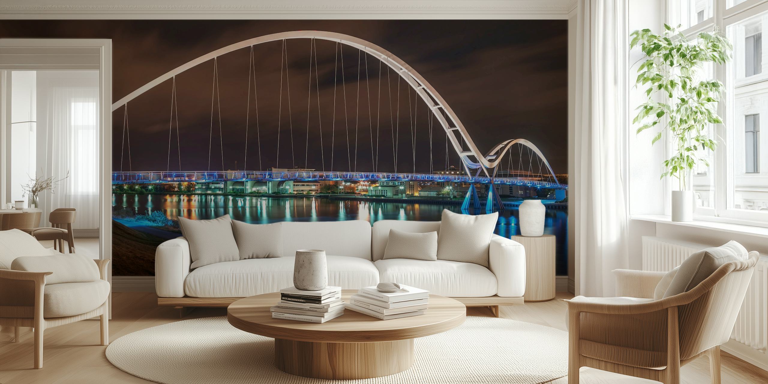 Modern white bridge at night with blue lights reflection wallpaper